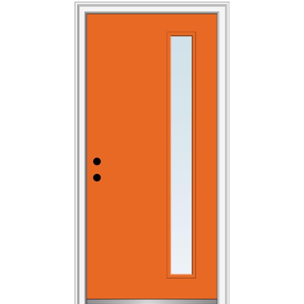 MMI DOOR ZZ345921R Spotlights 32-in x 80-in x 4-9/16-in Fiberglass Pulse lite Right-hand inswing Tangerine Painted Prehung Front Door with Brickmould Insulating core