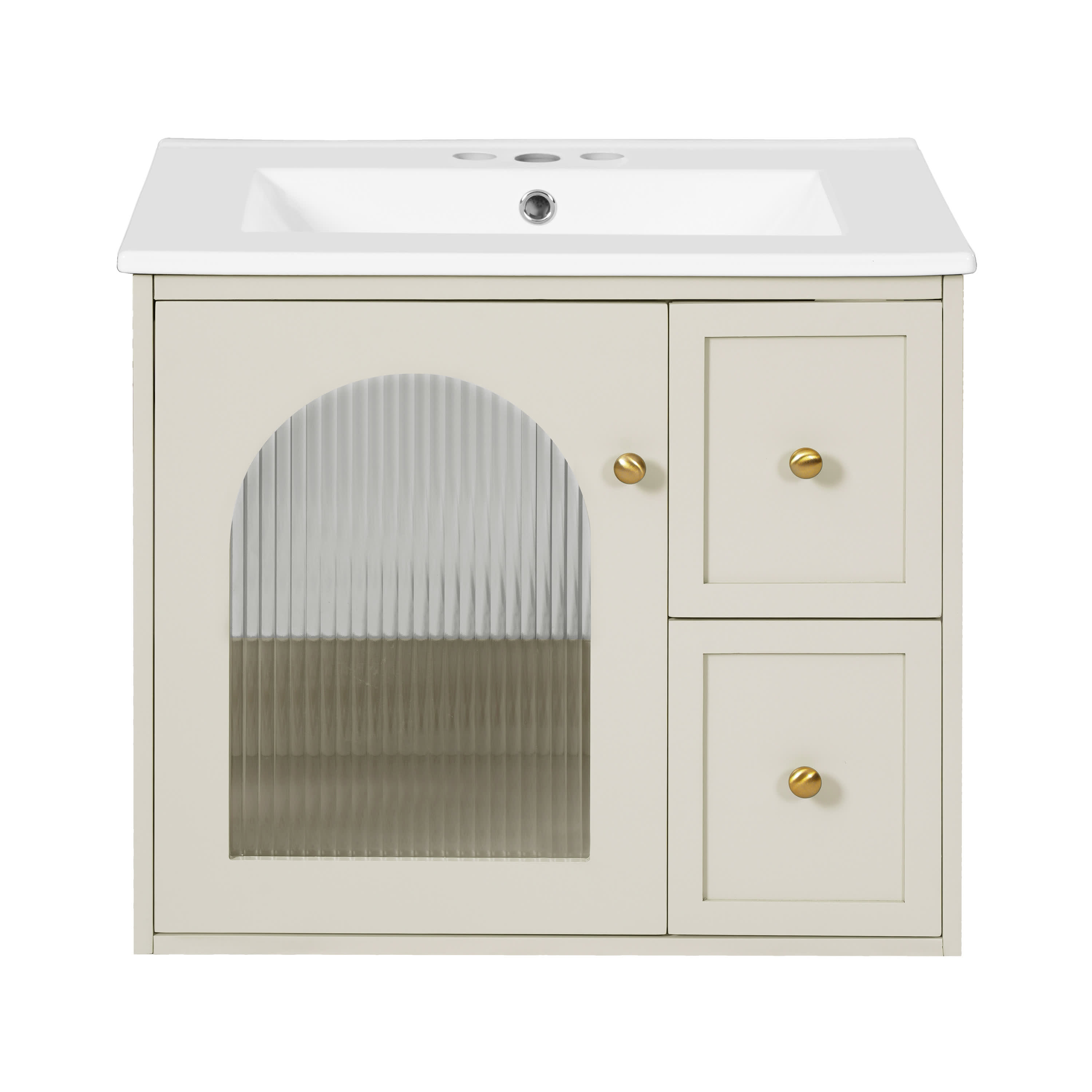 Vynxaria - 24 in 1 Sink Wall Mount Beige Bath Vanity with Beige Ceramic Top