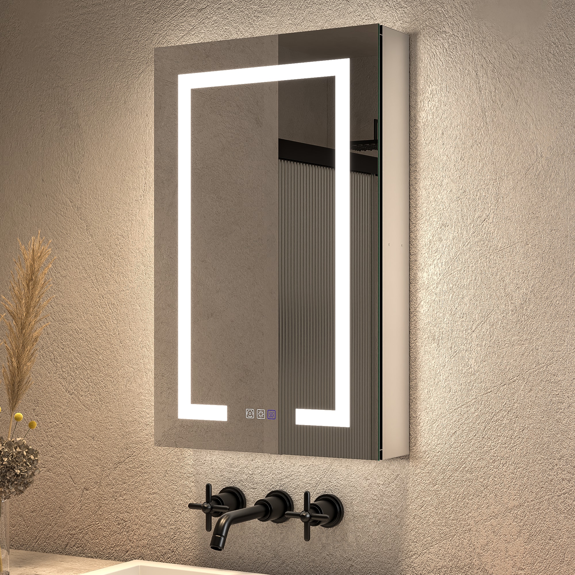 ExBrite EBMC2032V3LX Opale 20-in x 32-in Lighted LED Fog Free Surface/Recessed Mount Silvery Gray Mirrored Rectangle Soft Close Medicine Cabinet with Outlet
