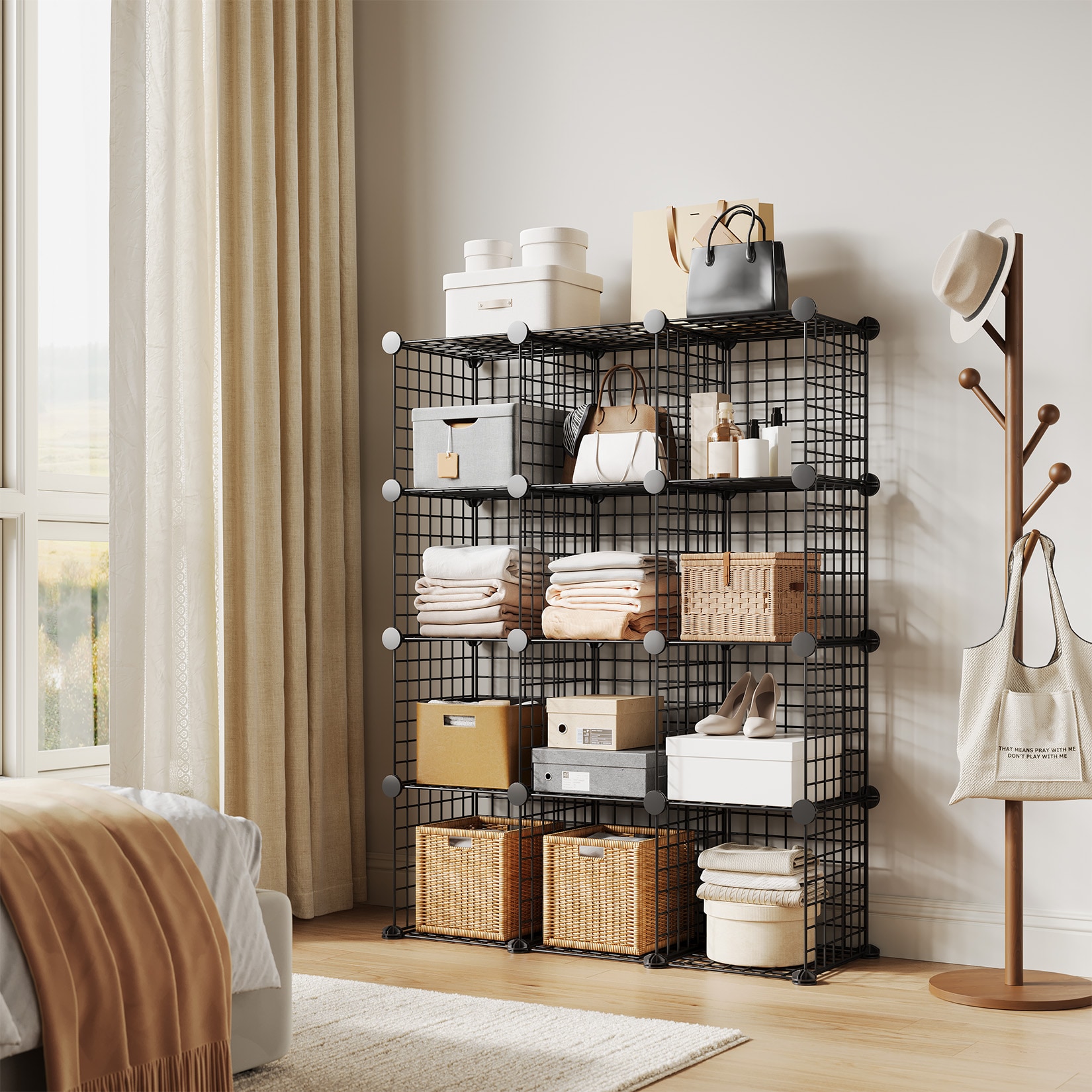 Aoile 12 Black Cube Wire Storage Organizer Modular Metal Mesh Grid ...