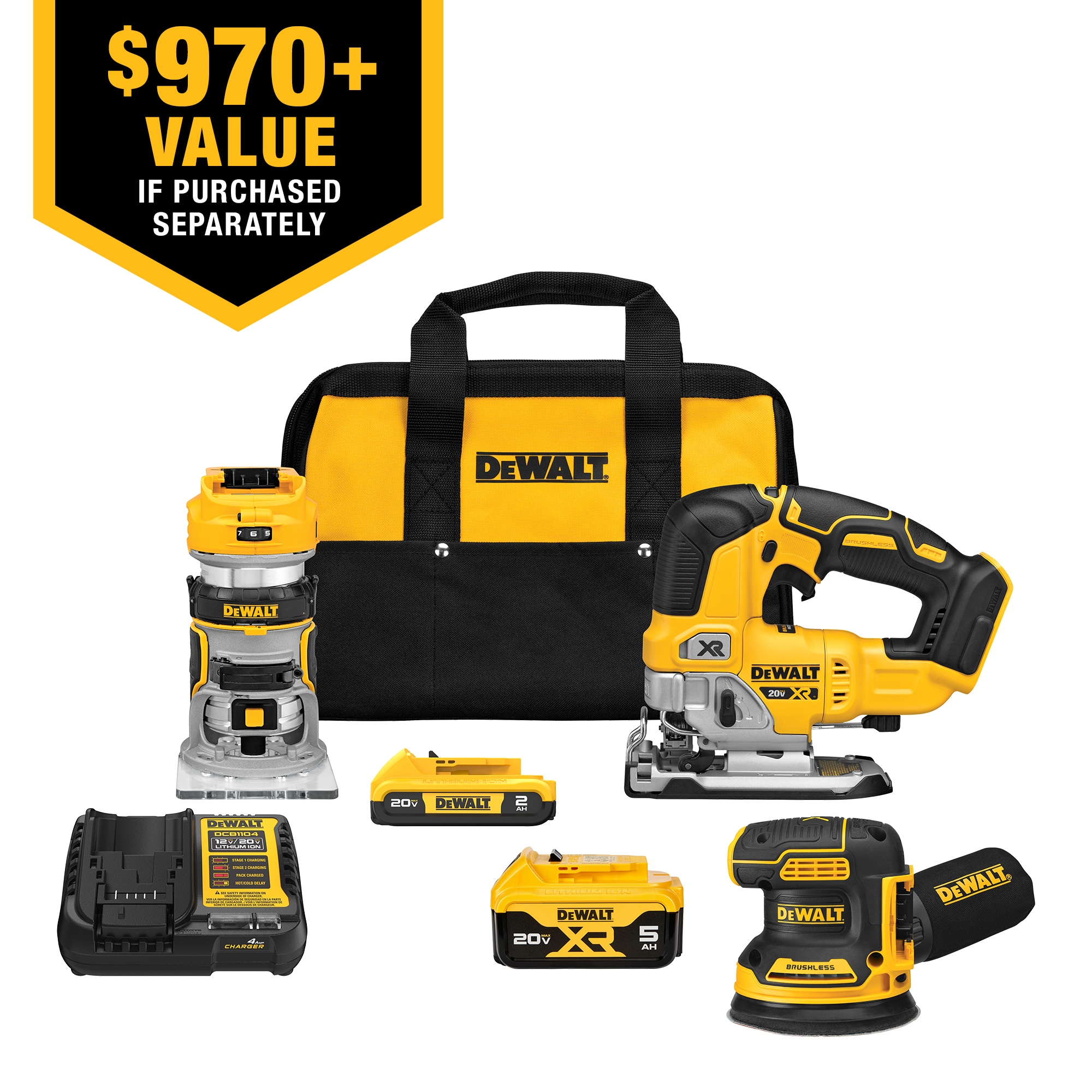 20V MAX XR 3-Tool Brushless Woodworking Power Tool Combo Kit with Soft Case (2-Batteries and Charger Included) | - DEWALT DCK307D1P1