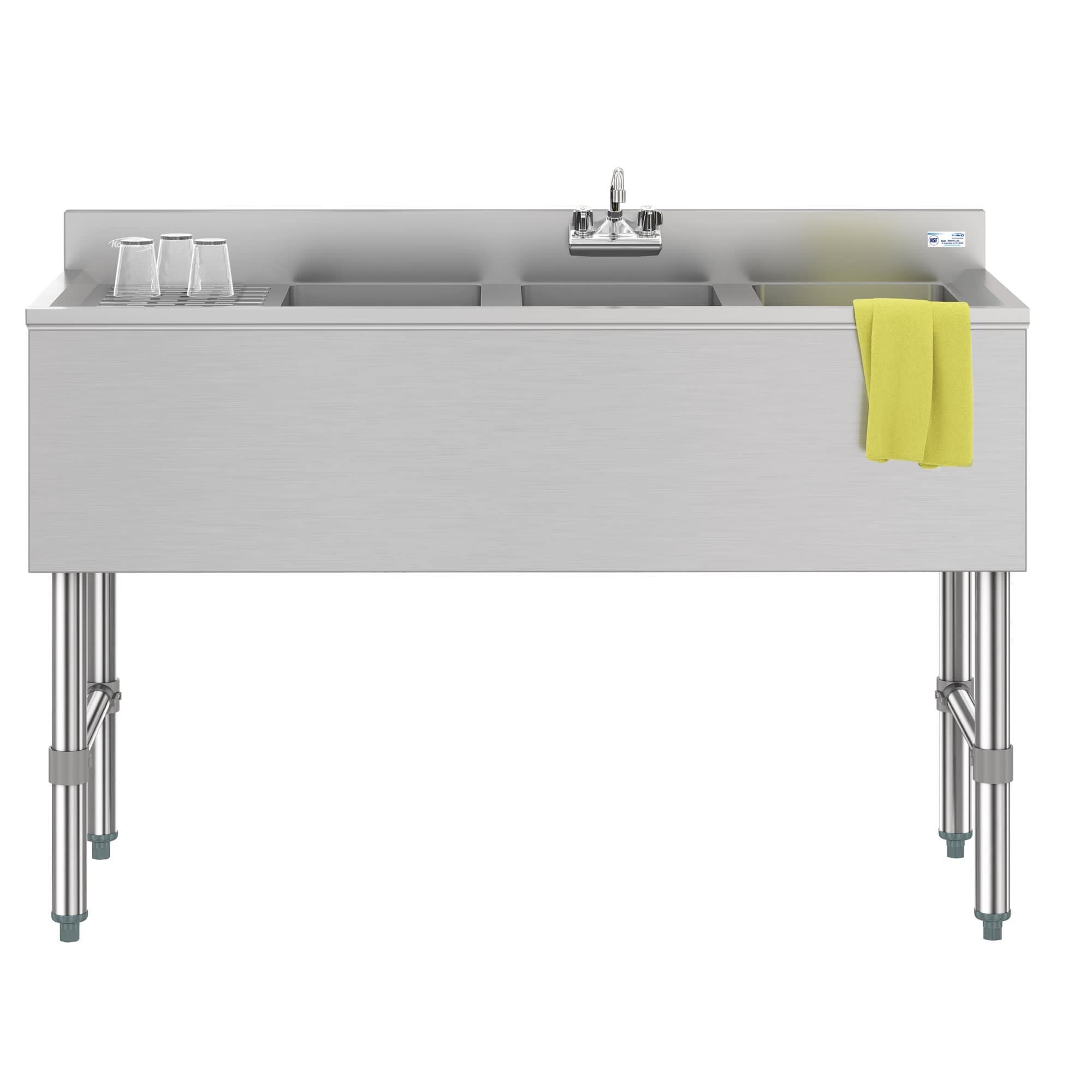 KoolMore 48 in. Three-Compartment Commercial Under-Bar Sink with 3 in. Backsplash Left Drainboard and Low Lead Faucet in Stainless Steel