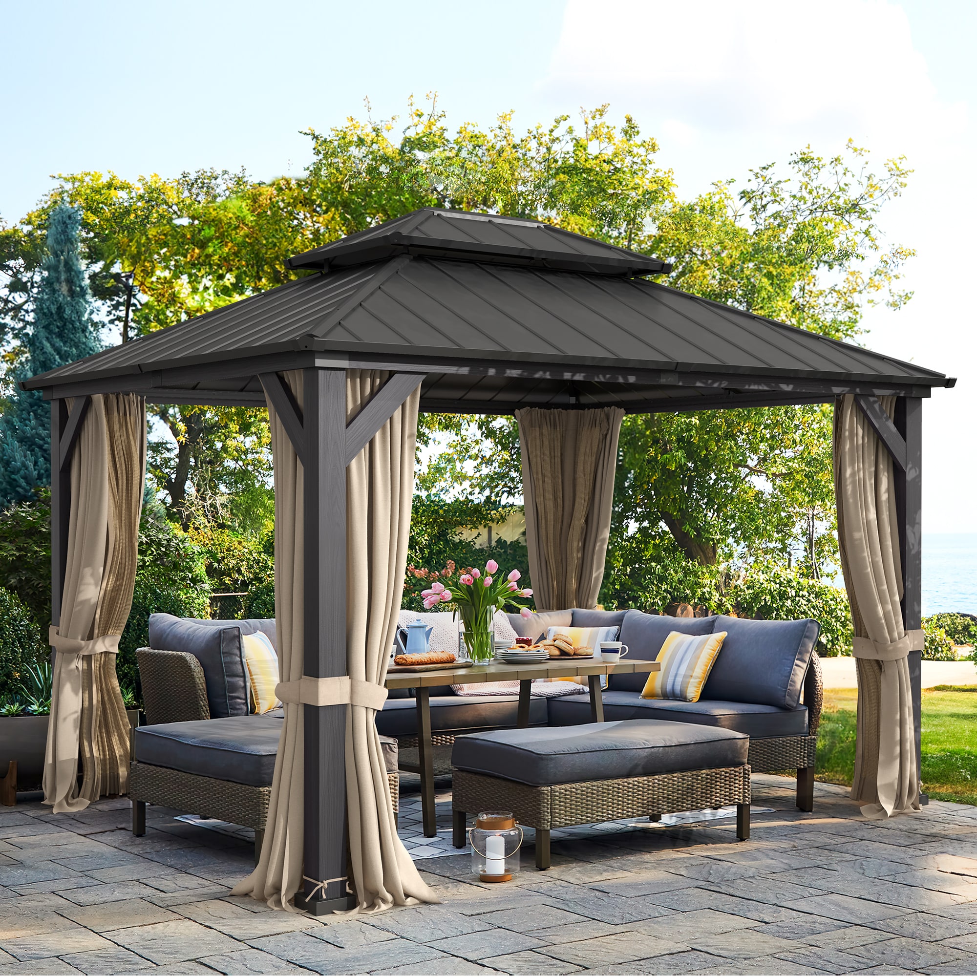 Yurevna KKLT-DG-1 12-ft x 10-ft Gazebo Dark Gray Gazebo with Hardtop Roof
