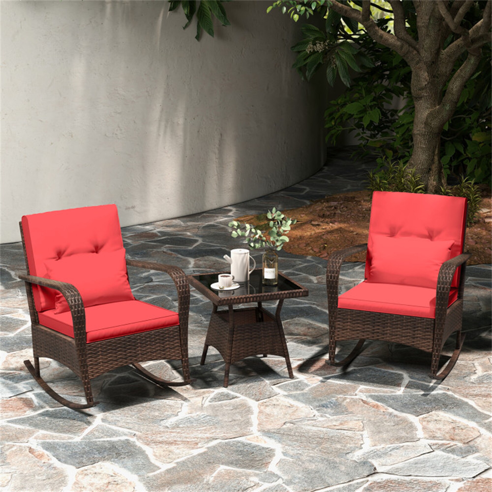 BABOOM BOM-71689RE-CO Outdoor Furniture Set 3 -Piece Rattan Patio Conversation Set with Red Polyester Cushions