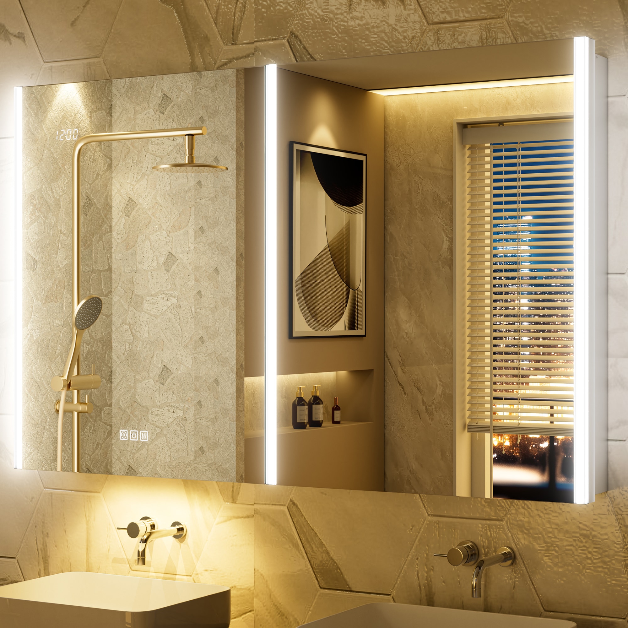 QueenFun - Lighted Medicine Cabinet 48-in x 32-in Lighted LED Fog Free Surface/Recessed Mount Sil...