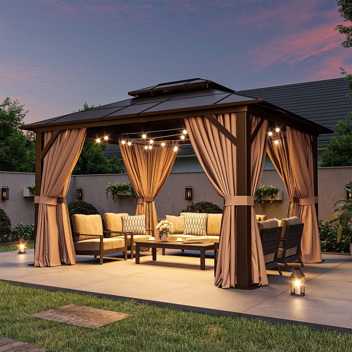 AOXUN 12 ft x 10 ft Gazebo Rectangle Brown Metal Polycarbonate Roof Gazebo with Screen Included G30004 at Lowes