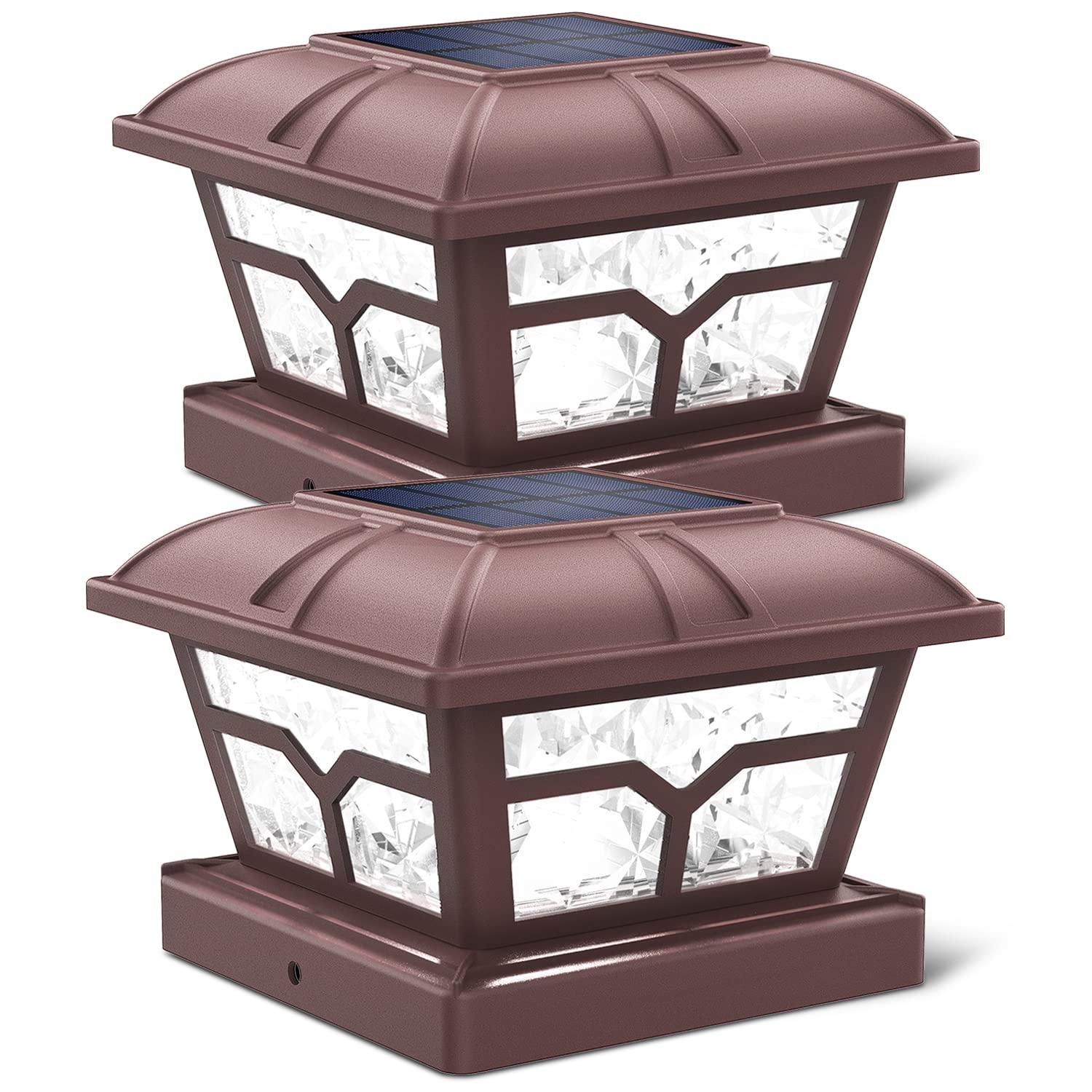 Vrbgify  Solar Post Cap Lights 8 LED Two Color Modes Warm White Cool White for 4x4 5x5 6x6 Fence Deck Patio Brown 2 Pack