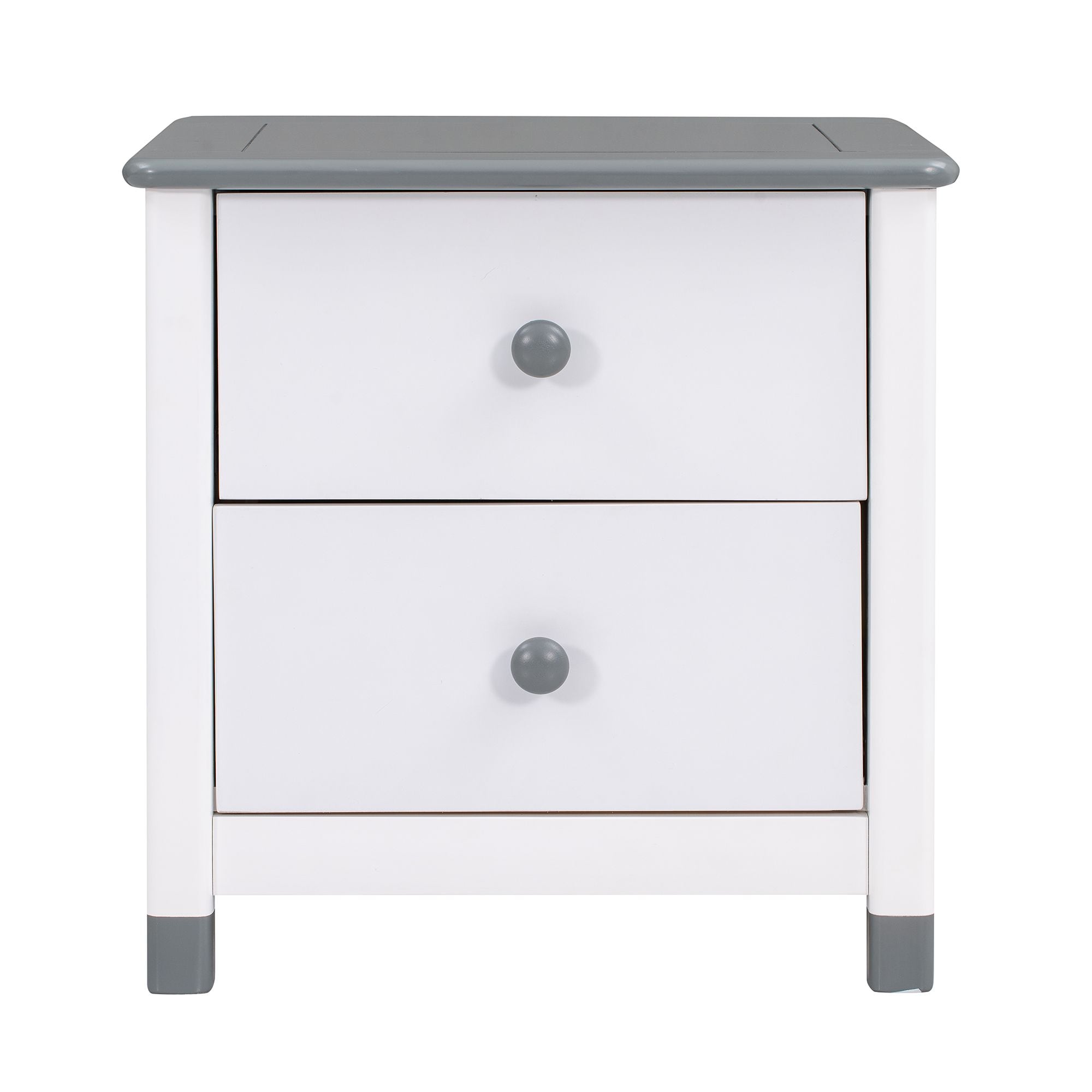 Front view of white two-drawer nightstand with gray top