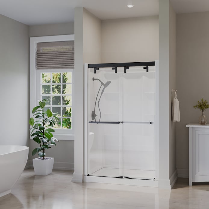 Delta   EverEdge 48-in W x 34-in D x 72-in H High Gloss White 3 -Piece Direct to Stud Alcove Shower Wall Surround with Center Drain Shower Pan Base with Matte Black 44-in to 48-in W x 72.99-in H Frameless Clear Glass Sliding Shower door