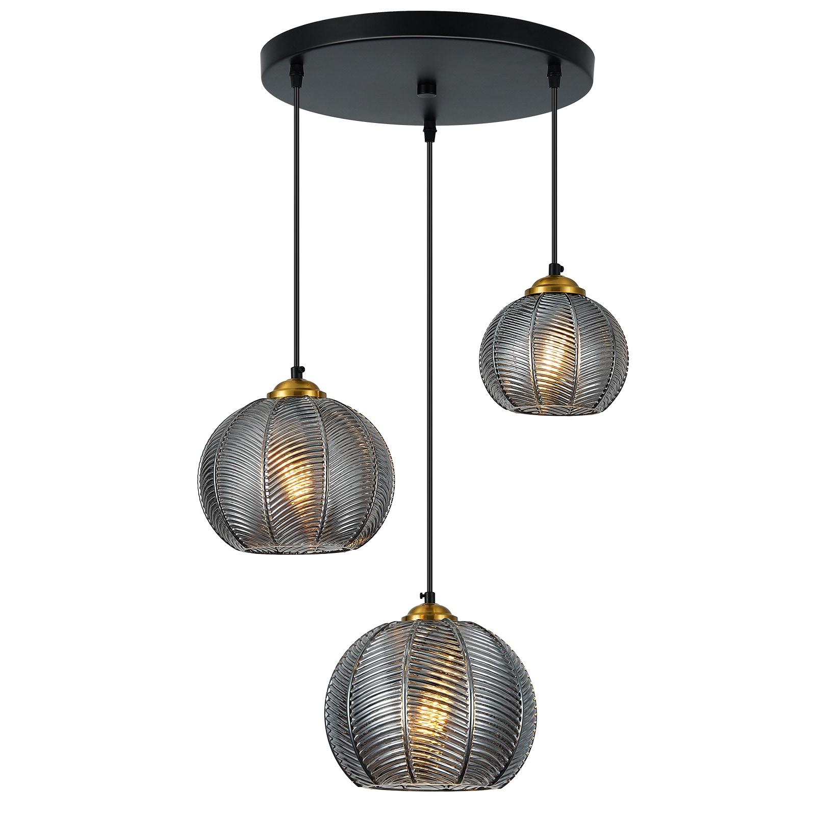 ZHLLMQ Modern 8.85 in 3-Light Black Gold Globe Blown Grey Glass Hardwired Adjustable Pendant Light Fixture for Kitchen Island Decor