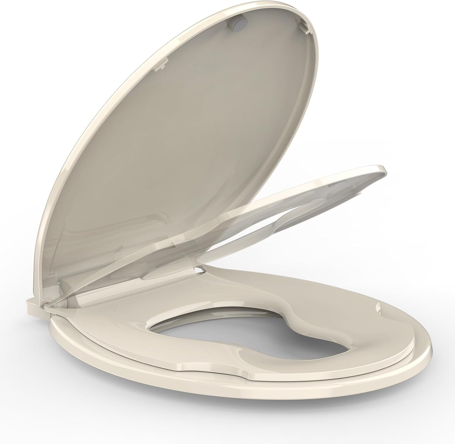 Qeetex Round Toilet Seat with Built-In Toddler Seat Soft Close Never Loosen Easy Install and Clean Fits Both Adult and Child Almond