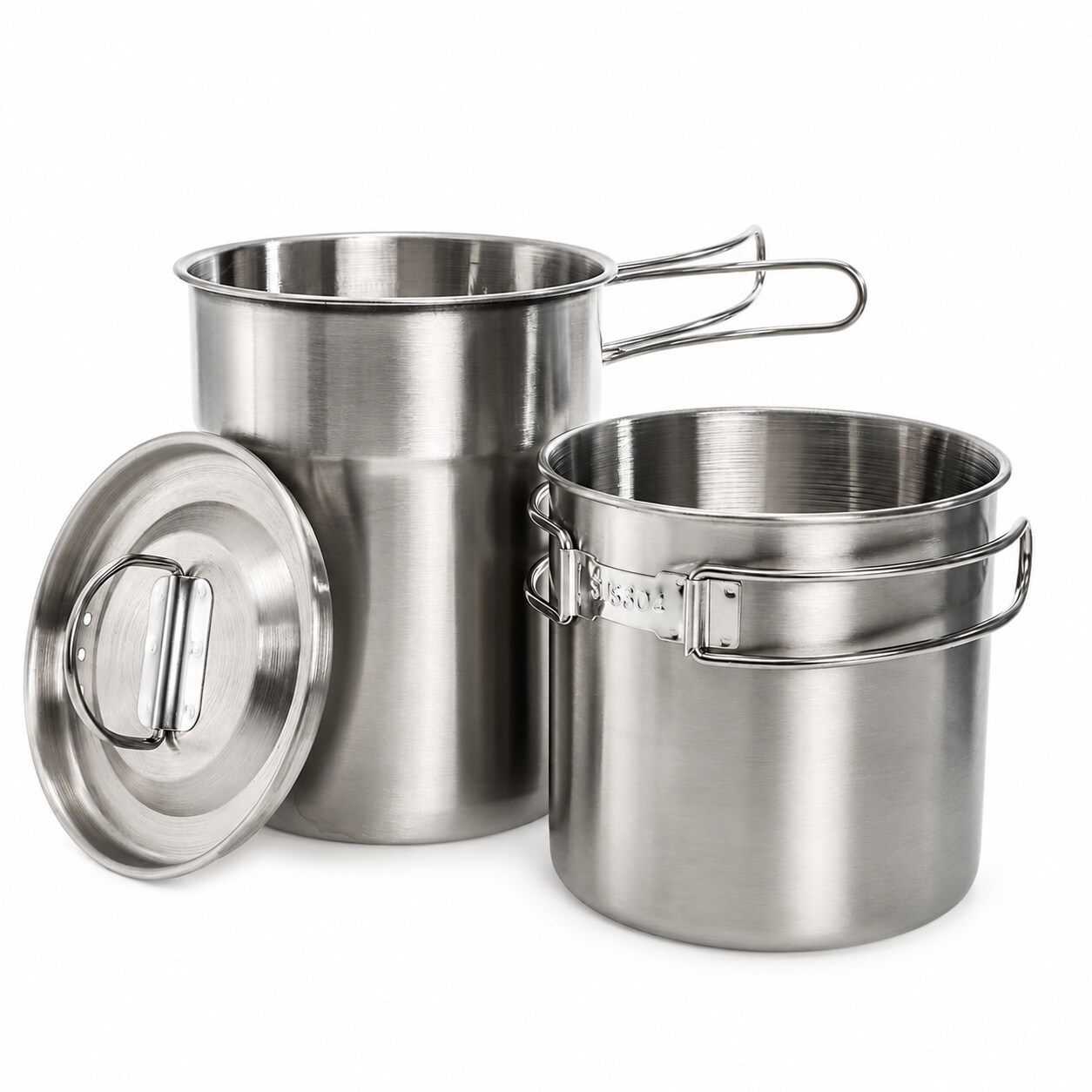 Aoibox  32 oz and 25 oz Silver Stainless Steel Stackable Camping Mug Set with Foldable Handles Vented Lid and Storage Bag
