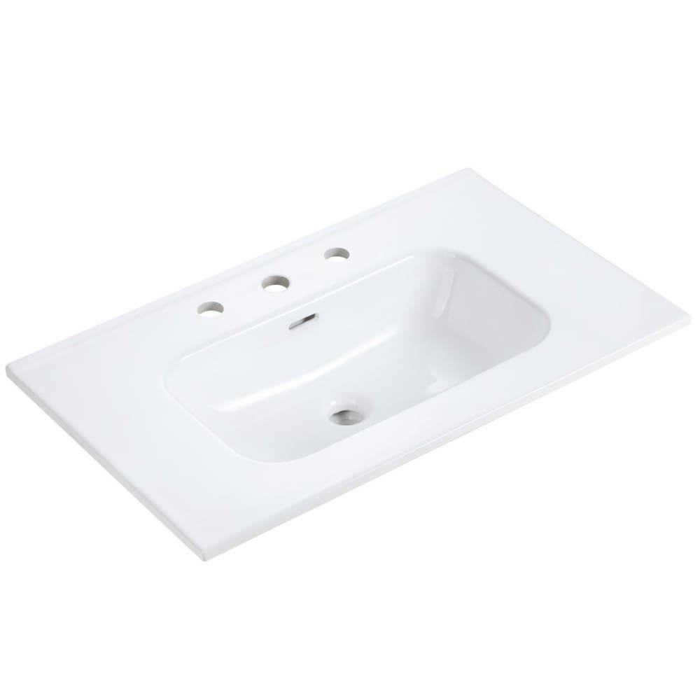 Beedesign 30 Inch Integrated Ceramic Bathroom Sink Glossy White Vanity Basin with Three Faucet Holes