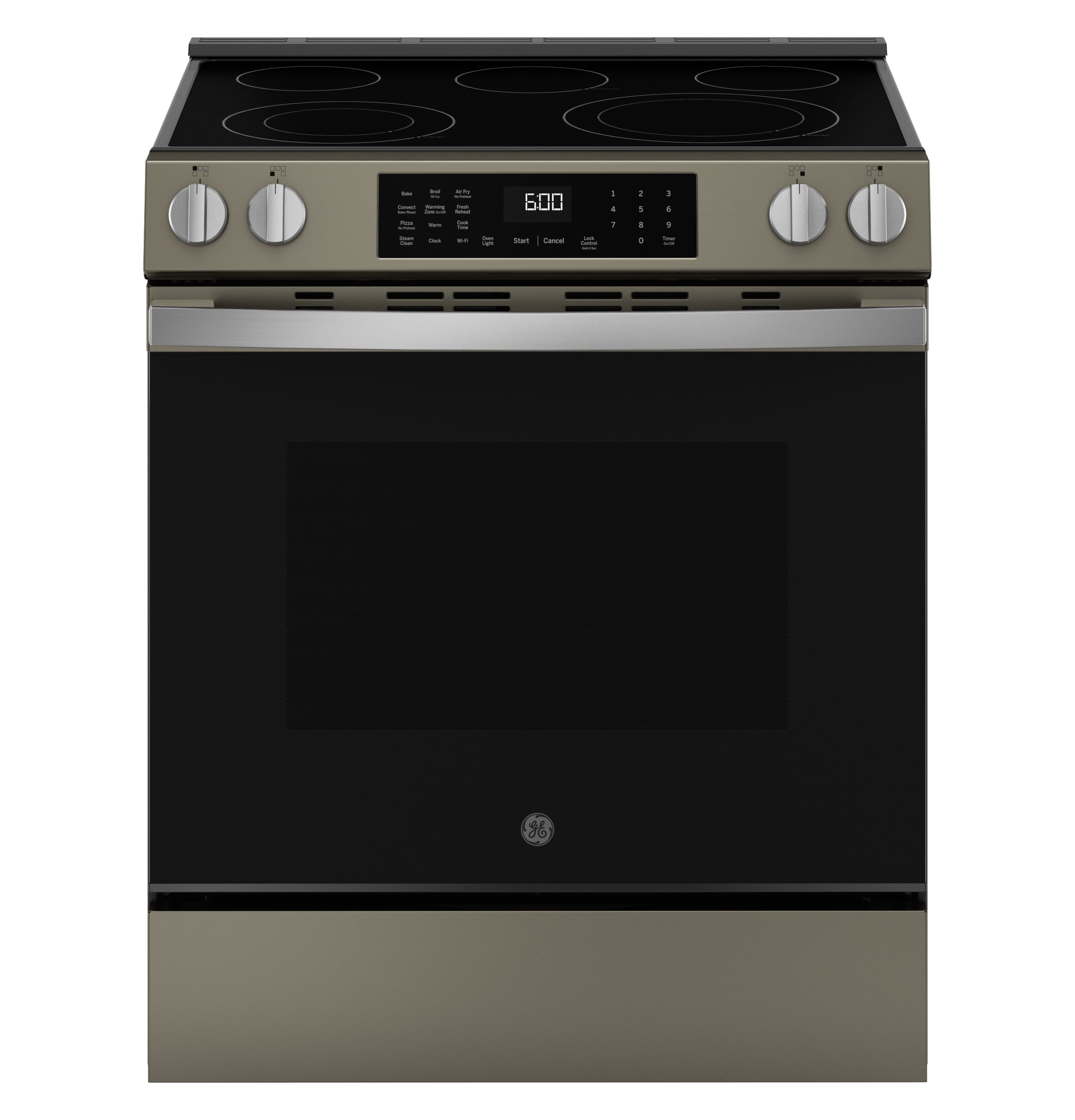 GE GRS600AVES EasyWash Oven Tray 30-in Glass Top 5 burners 5.3-cu ft Air Fry Convection Oven Slide-In Electric Range ( Slate )