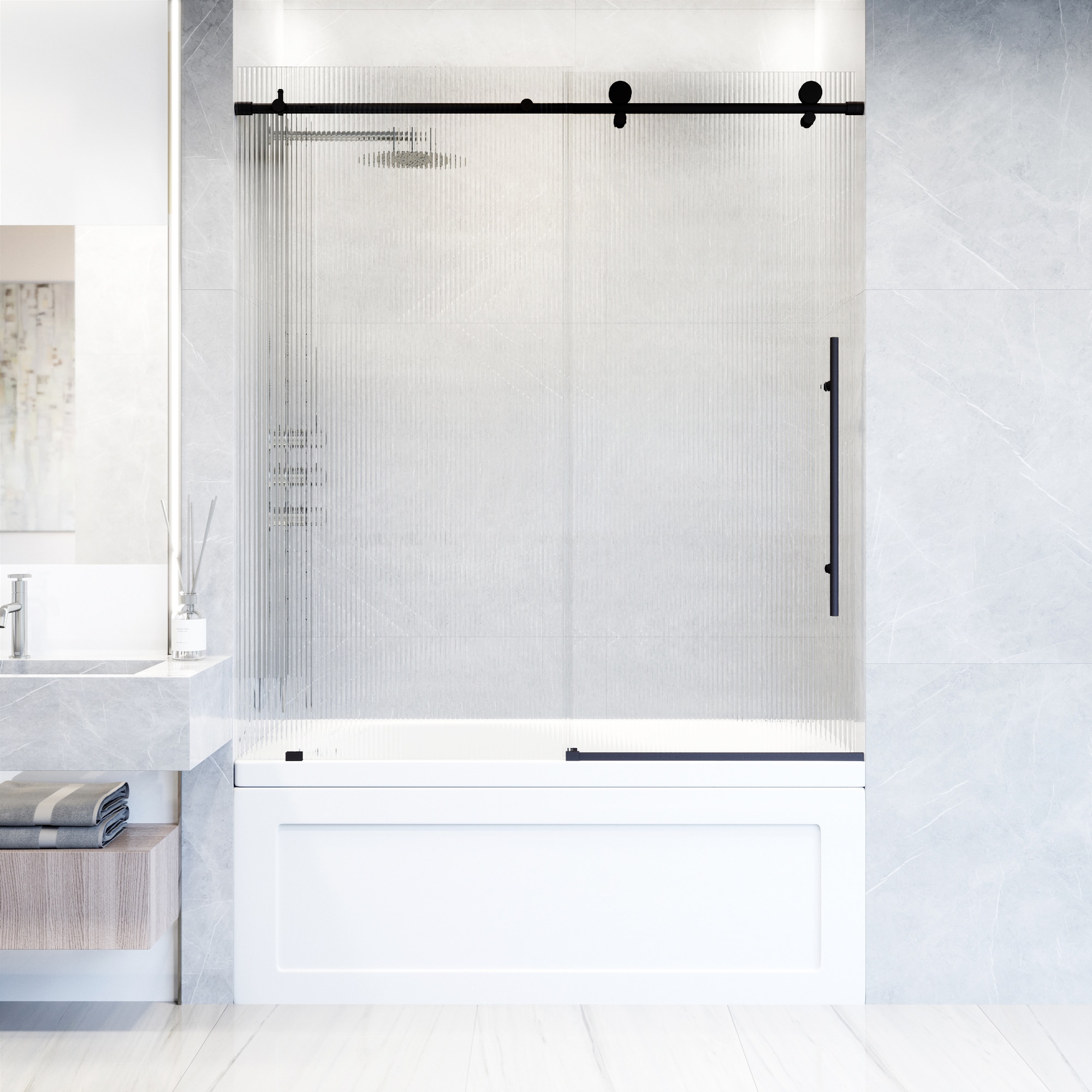 Elan E-Class 60" Matte Black Frameless Sliding Tub Door with Fluted Glass