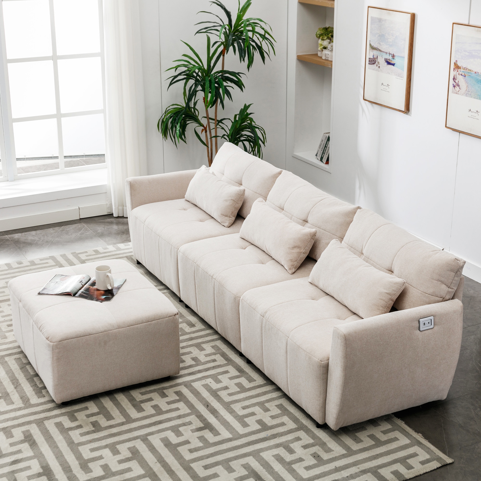 Clihome 3-Seat L-Shaped Sofa with Movable Ottoman 113.3-in Modern Beige ...