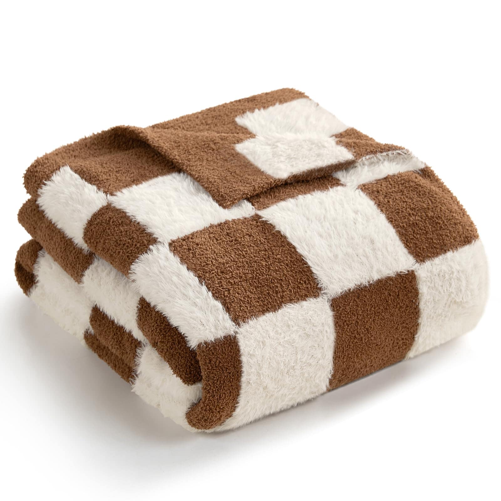 PIGFDK Brown White Throw50x60in  Checkered Throw Blanket Faux Microfiber Cozy Soft Warm All Seasons High Low Checkerboard Machine Washable