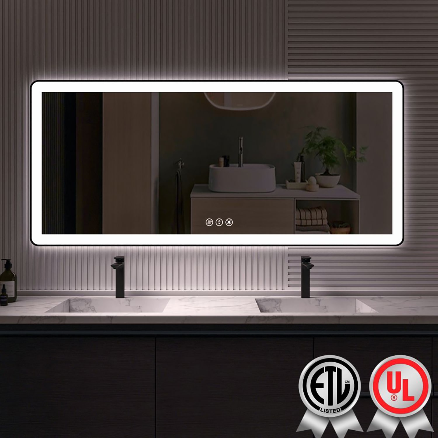 waterpar WPLO-2480 72-in x 32-in Polished Rectangle Dimmable Lighted Fog Free Bathroom Vanity Mirror ( Black )