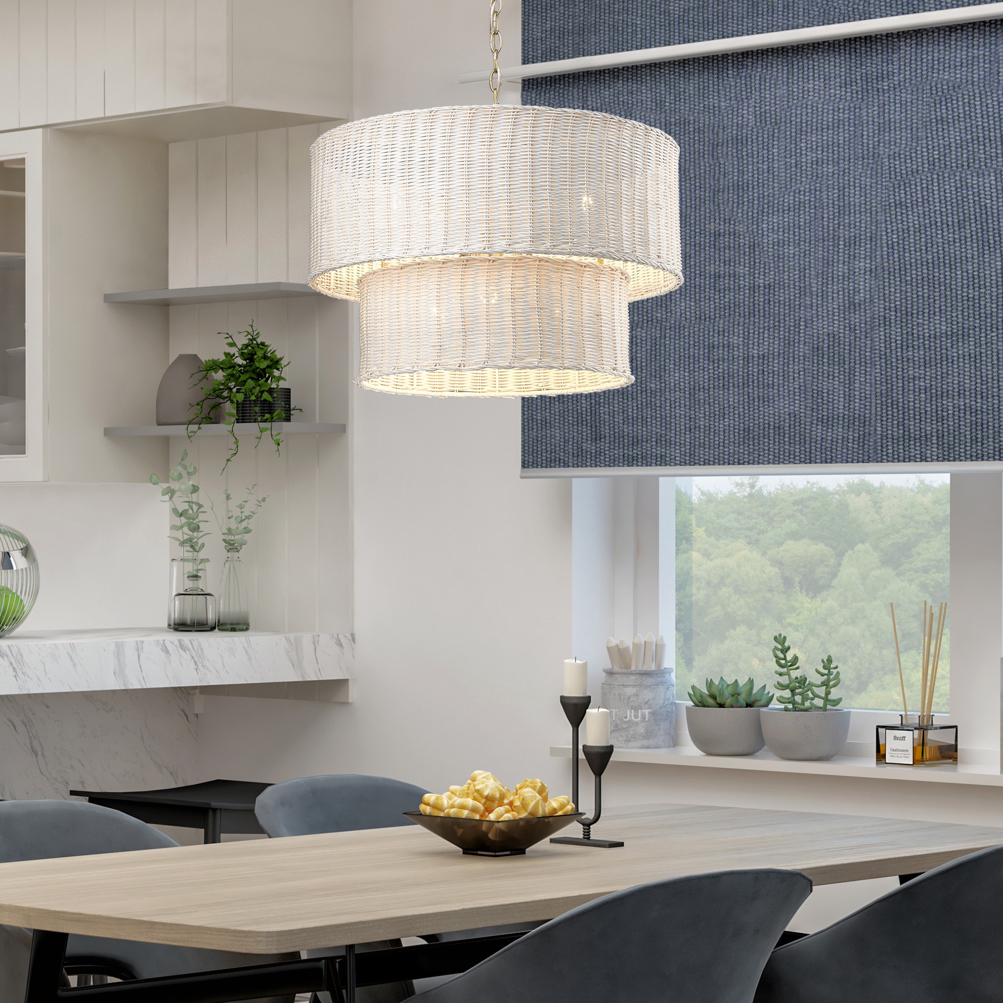 White Wicker Drum Chandelier with Bronze Accents