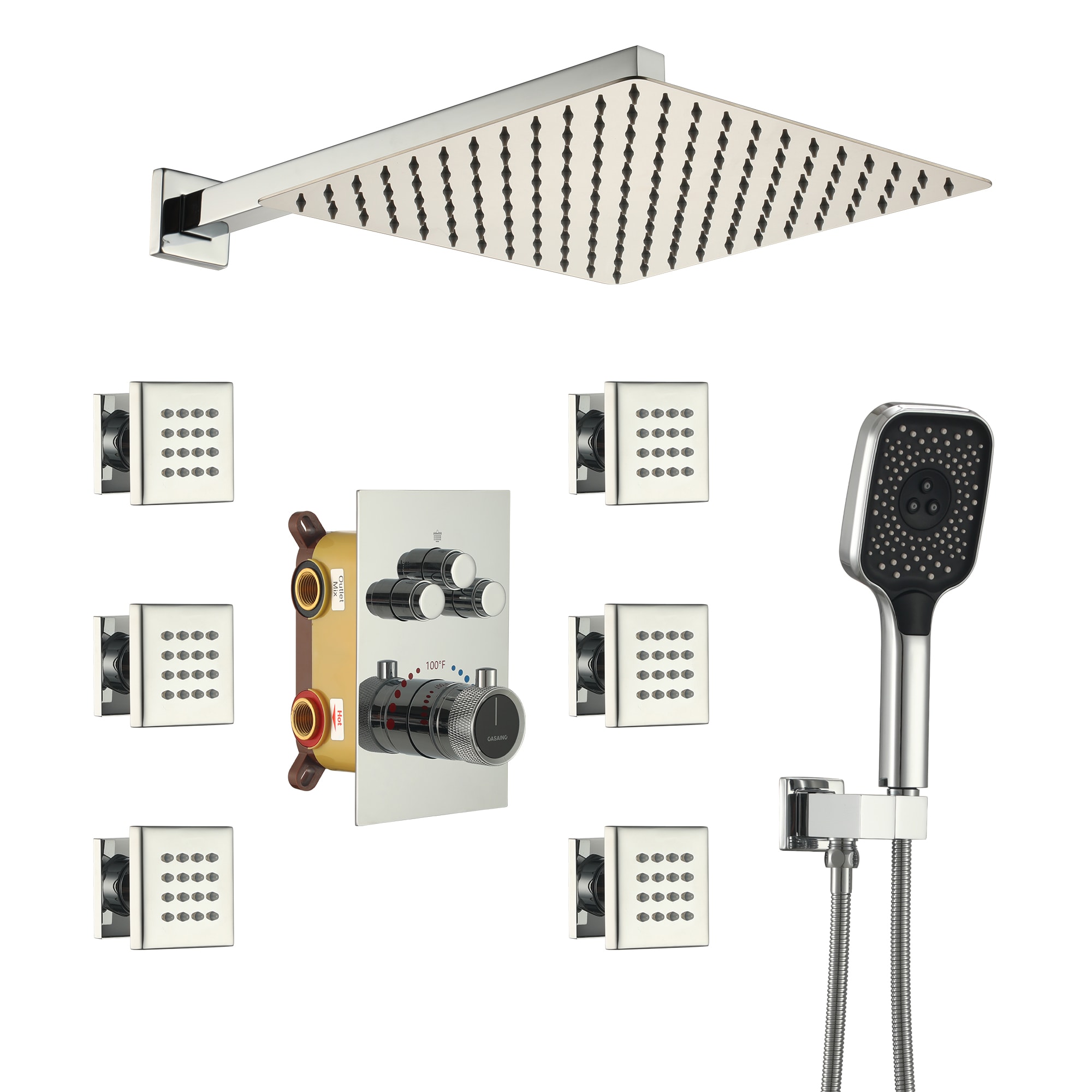 CASAINC CS6219-12CH Chrome 12-in Built-In Shower Faucet System with 3-way Diverter ( Thermostatic Valve Included )