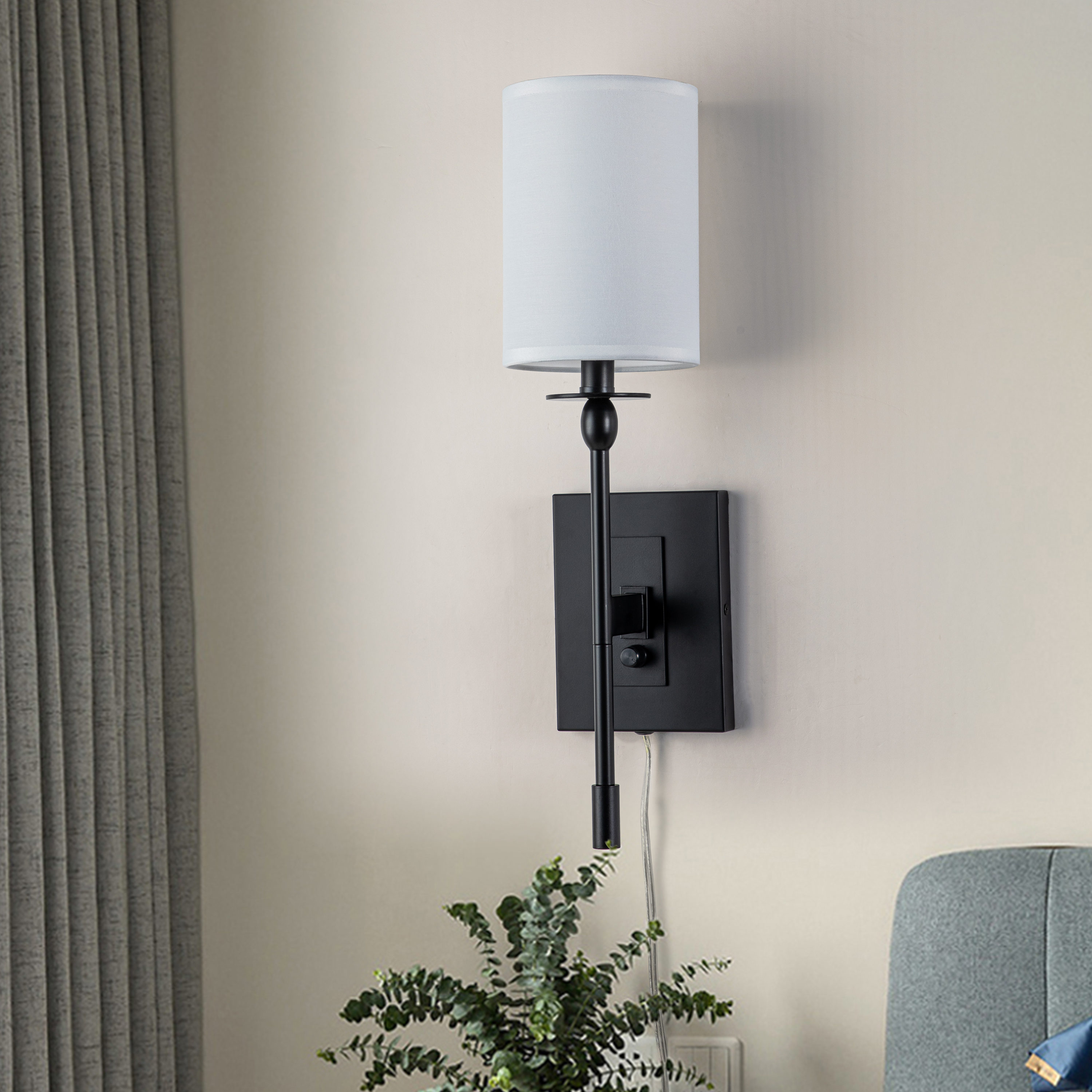Black Metal Wall Sconce with White Fabric Shade