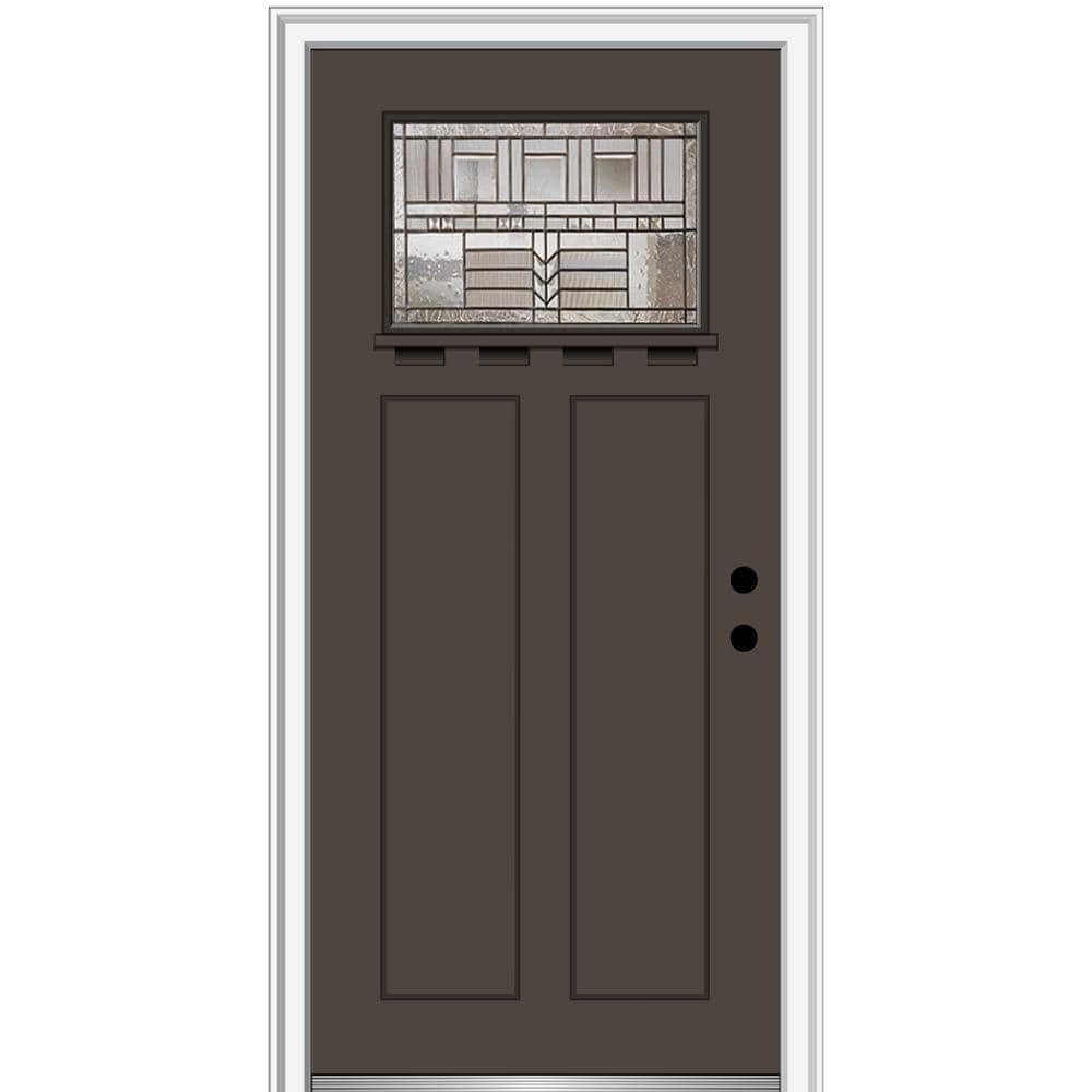 MMI DOOR ZZ3664649L 32-in x 80-in x 6-9/16-in Fiberglass Craftsman Left-hand inswing Brown Painted Prehung Front Door with Brickmould Insulating core
