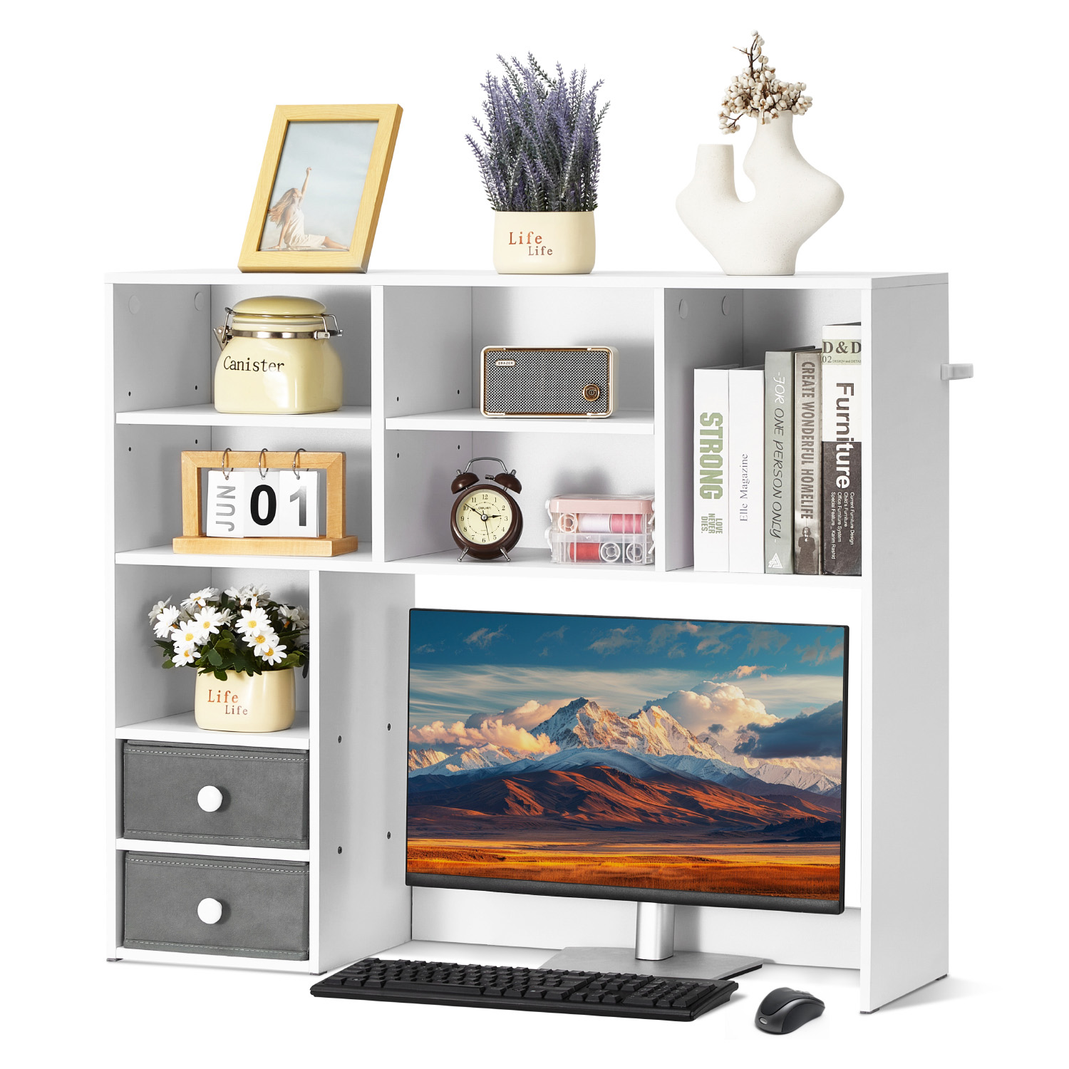 VEVOR Desktop Bookshelf 3-Tier Desktop Storage Organizer 37in x 10in x 31.1in Office Storage Rack Wood Display Shelf Desktop Bookshelf Hutch with Two Fabric Drawers for Office Home and Dorm White