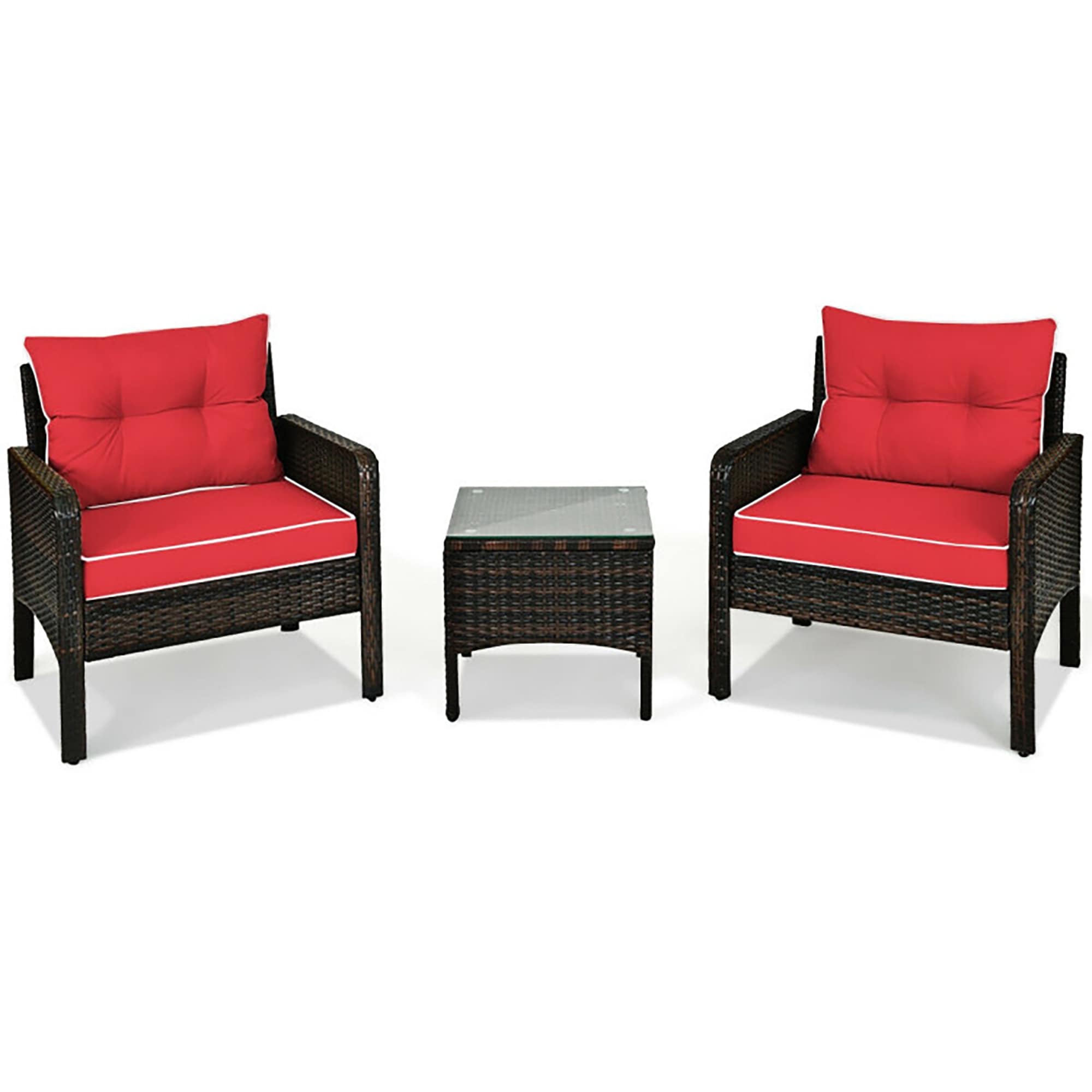 CASAINC CEW-HZ012RDDB05 Outdoor Furniture Sets 3 -Piece Rattan Patio Conversation Set with Red Cushions