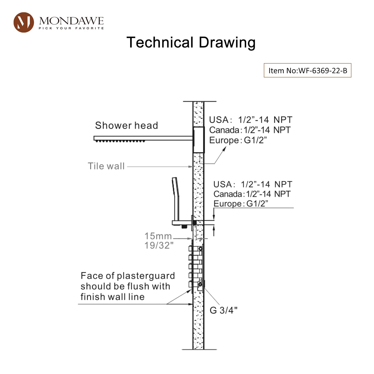 Mondawe WF-6369-22-B Showerhead-Bar-Panels - View #11