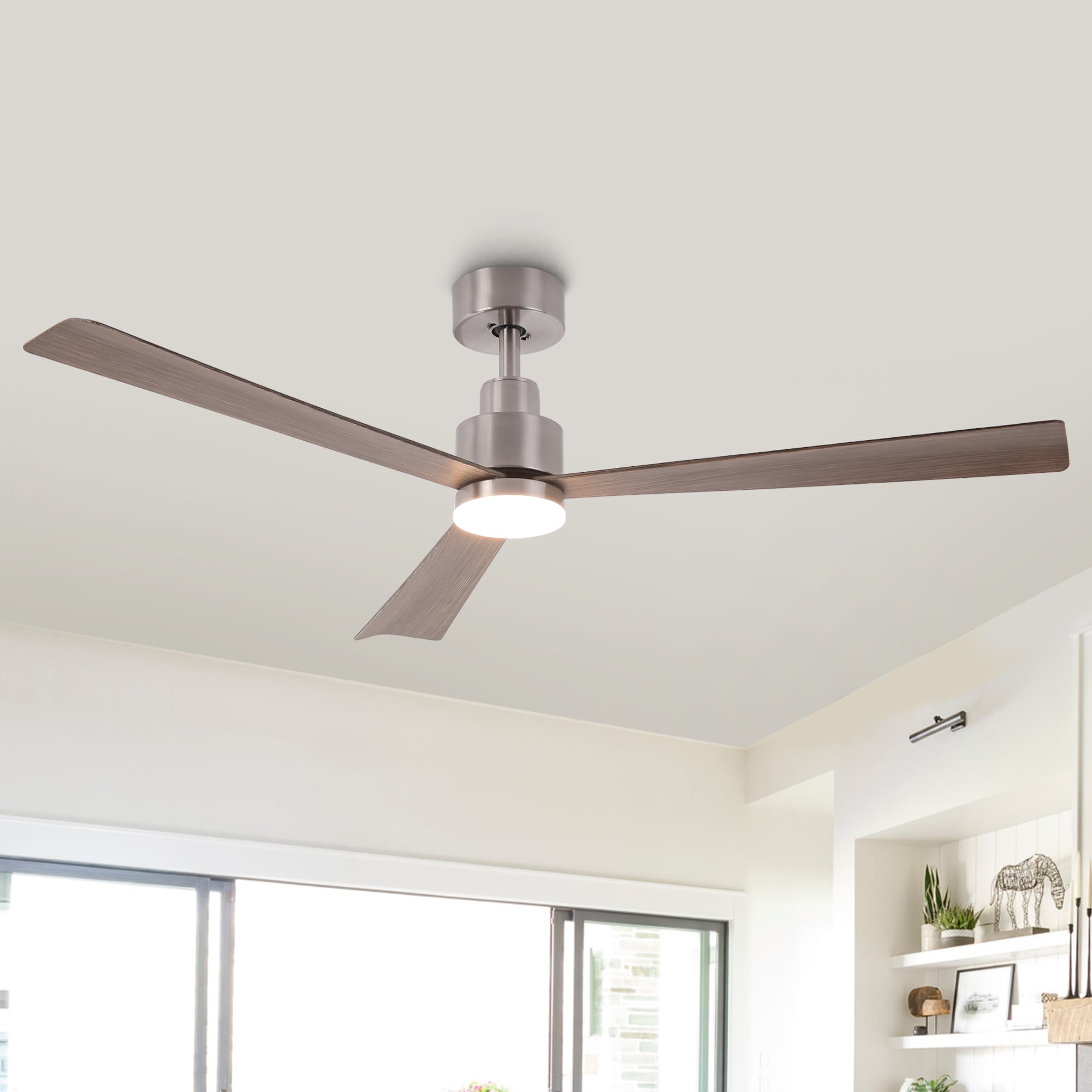 Parrot Uncle F6014SN 52-in Color-Changing Integrated LED Satin Nickel with Brown Blades Propeller Ceiling Fan With Light - Remote Included ( 3 -Blade )