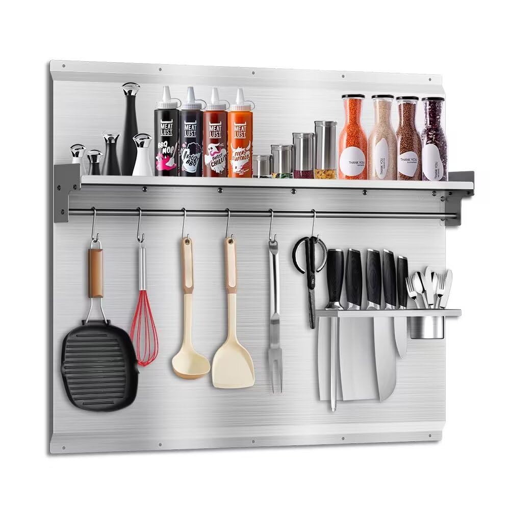 Afoxsos  36 by 30 Stainless Steel Backsplash for Stove and Range Hood with Shelf and Knife Rack Kitchen Wall Shield with Pre Drilled Holes Easy