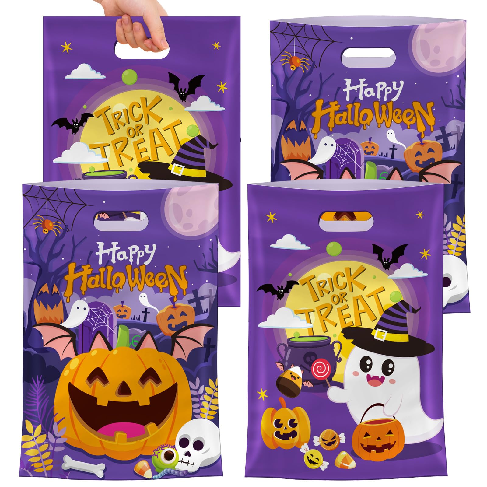 Anqtovp  40 Pcs Happy Halloween Treat Bags with Handles Trick or Treat Goodie Bags for Kids Cute Ghost Pumpkin Plastic Candy Gift Bags for