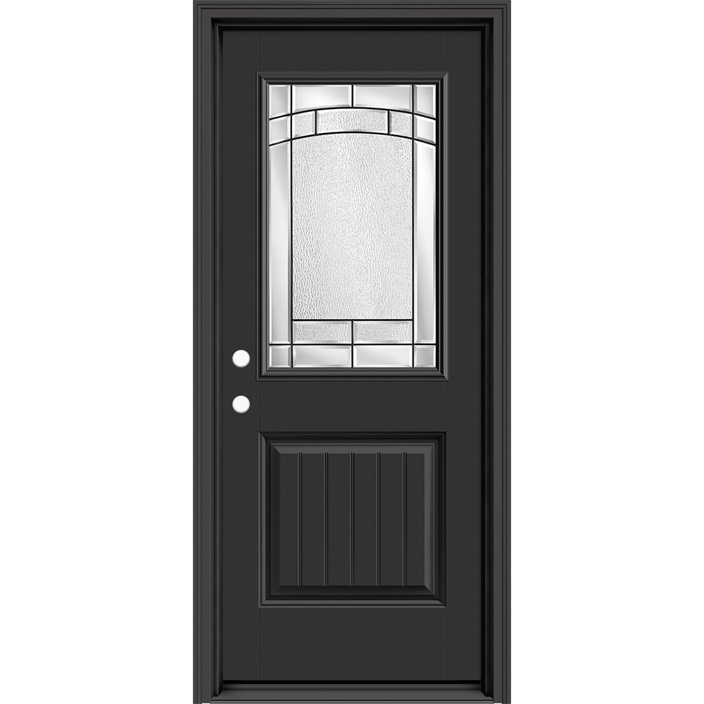 Masonite 643034 M Protect 32-in x 80-in x 4-9/16-in Fiberglass Half lite Right-hand inswing Peppercorn Painted Prehung Front Door with Brickmould Insulating core