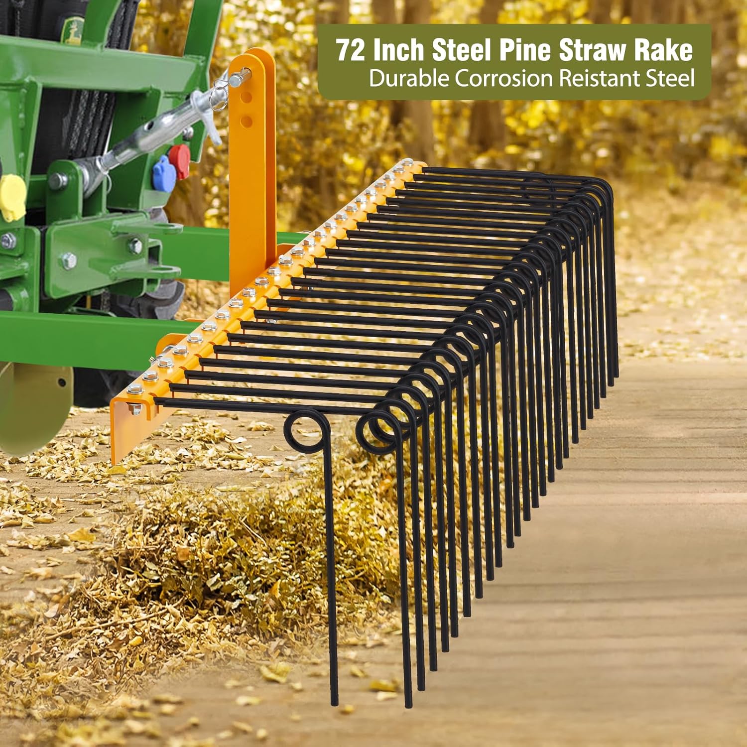 Qeetex GWPHO-0ZU06SZD 72 Inch Heavy Duty Pine Straw Rake 30 Coil Spring Tines Durable Powder Coated Steel Tow Behind Landscape Rake with 3 Point Hitch Receiver Attachment Fit to Cat0 Cat 1 Tractors for Leaves Grass Yellow