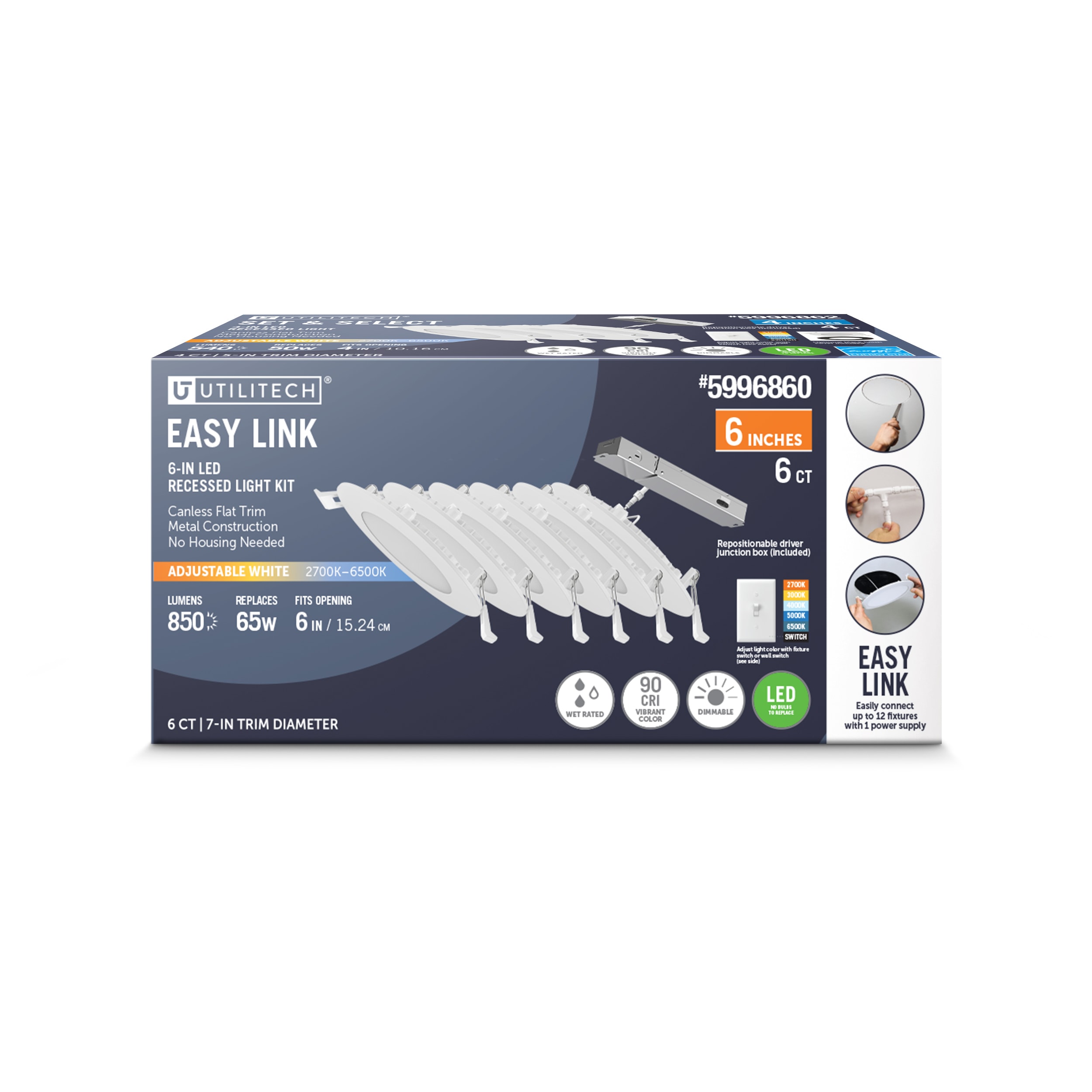 Utilitech LLEDR6XLV/6WY/6KIT White 6-in 850 -Lumens Switchable white Round Dimmable LED Wet rated Recessed Downlight 6 -Pack