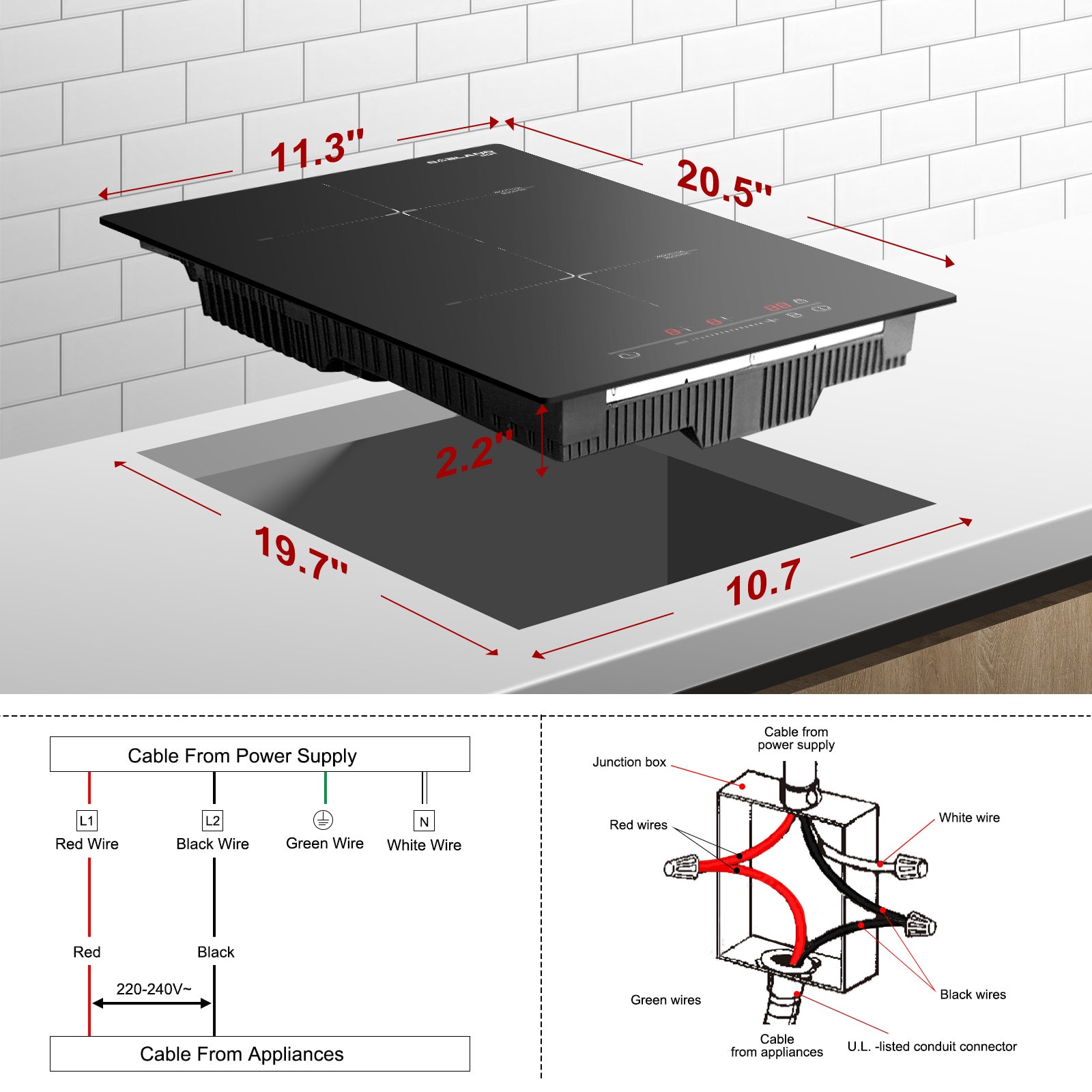 Induction Cooktop 220-240V 12'' Built-in Electric Stovetop 3500W Hard Wired