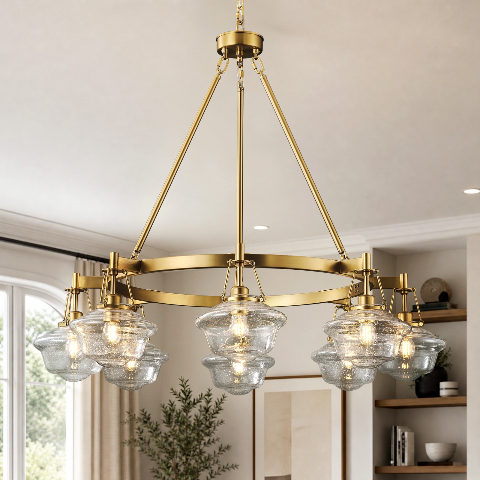 Gleam Flare 8 Light Brass Wagon Wheel Chandelier Vintage Seedy Glass Round Farmhouse Chandelier Light Fixture Antique Gold Hanging Pendant Lighting for Dining Room Living Room Kitchen Island Foyer Entryway