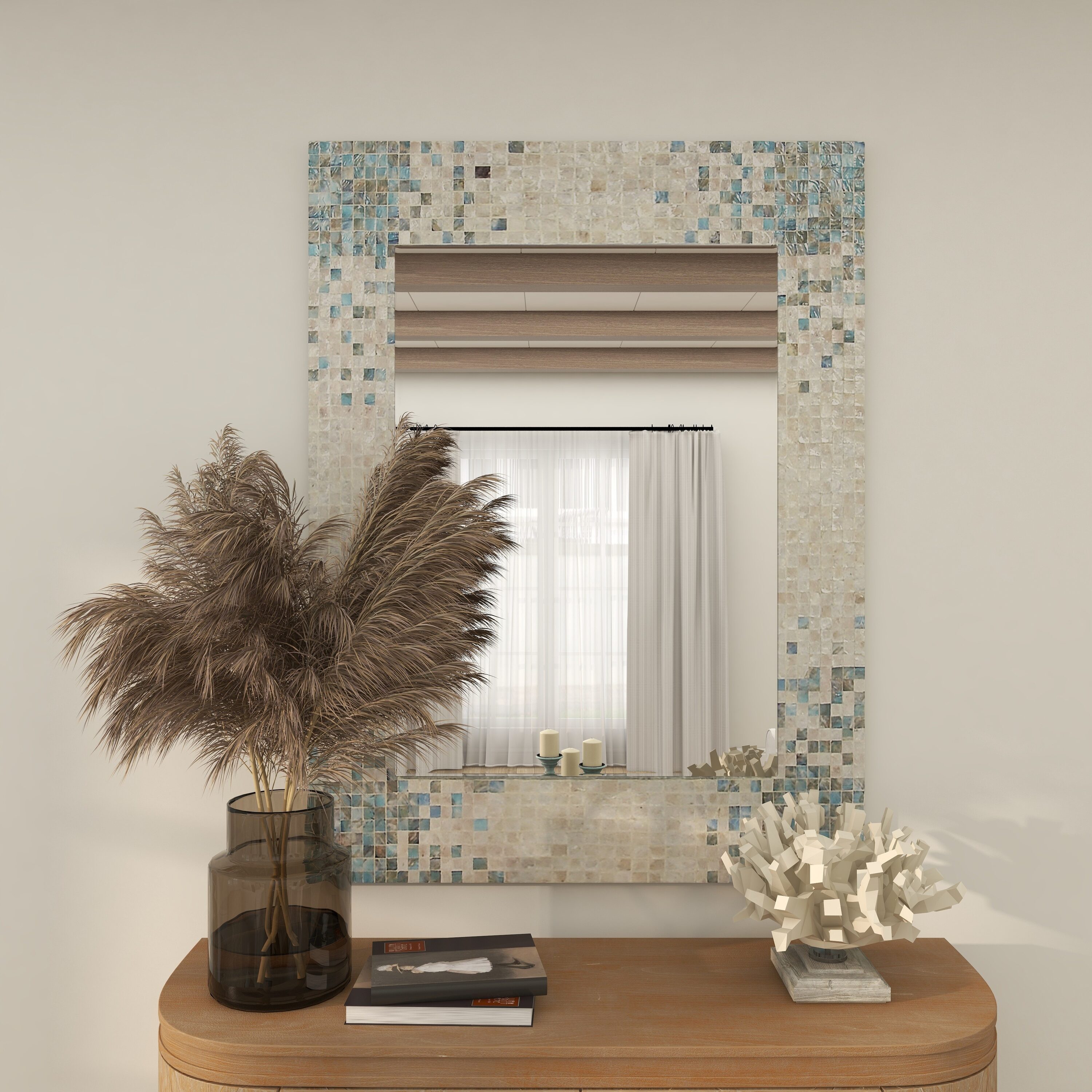 Coastal Cream Rectangular Wall Mirror with Blue Mosaic Corners