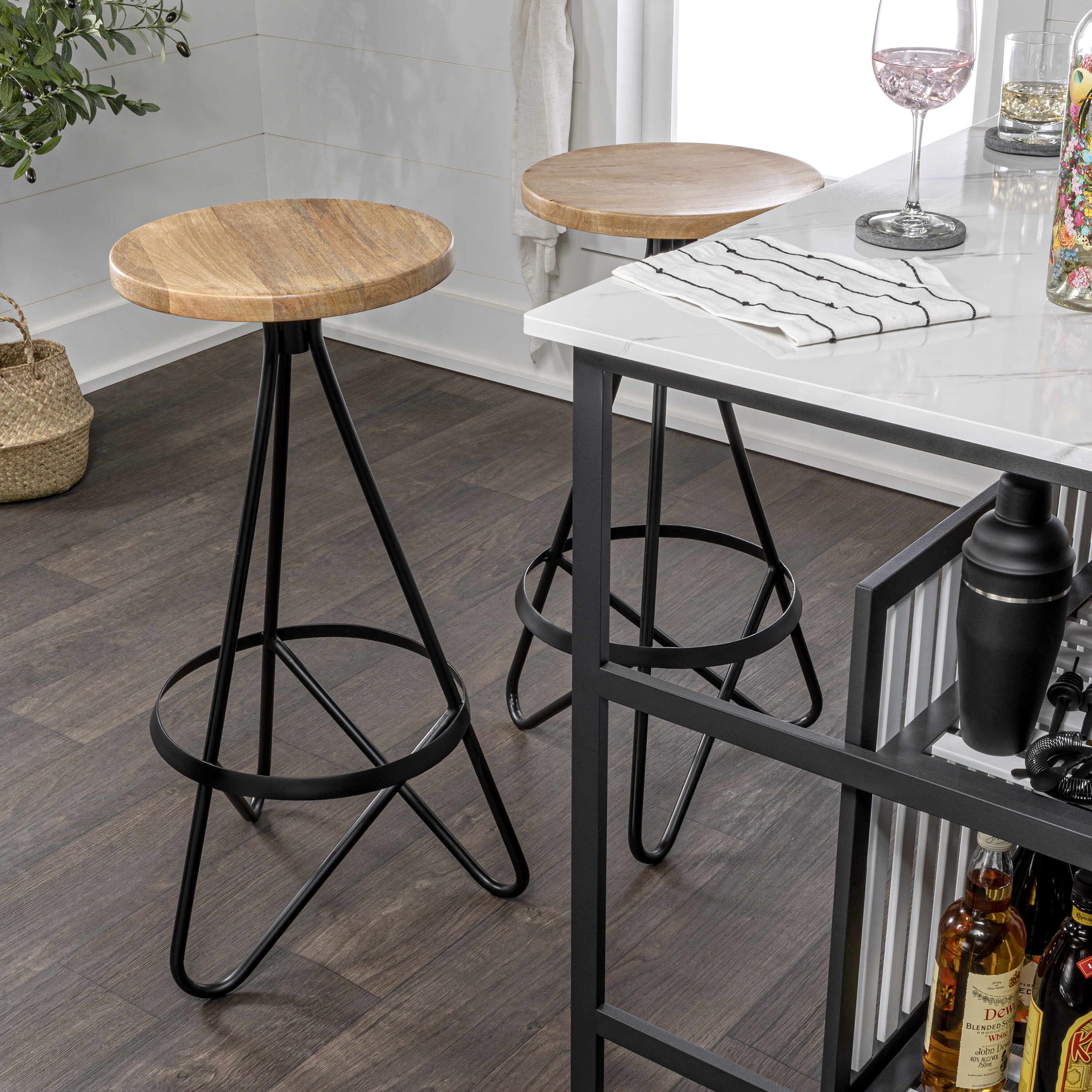Natural Wood and Black Metal Backless Bar Stool