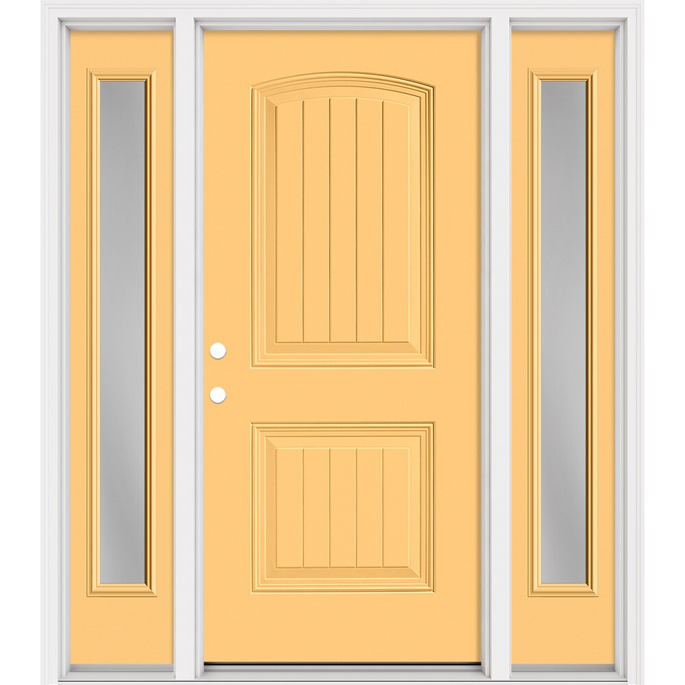 Masonite 321208 Steel Doors Series 64-in x 80-in x 4-9/16-in Steel No glass Right-hand inswing Cabana Yellow Painted Prehung Front Door with Sidelights with Brickmould Insulating core
