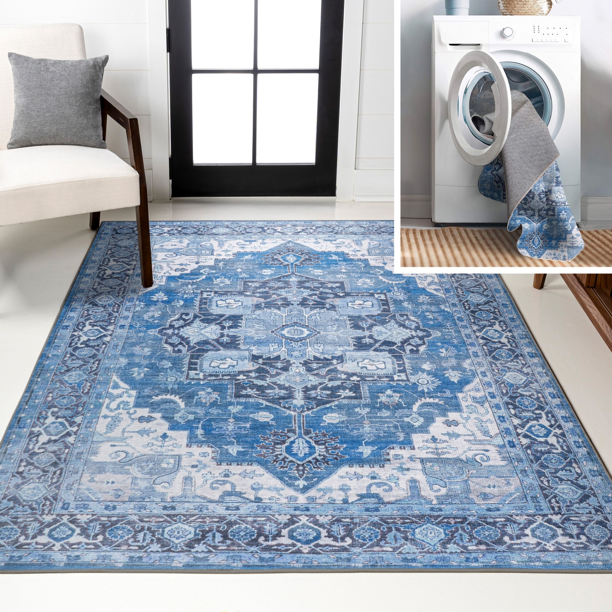 JONATHAN  Y WSH109B-5 WASHABLE Maris Ornate Medallion 5 x 8 (ft) Loomed Polypropylene Blue/Navy Rectangular Indoor Border Bohemian/Eclectic Machine washable Area rug
