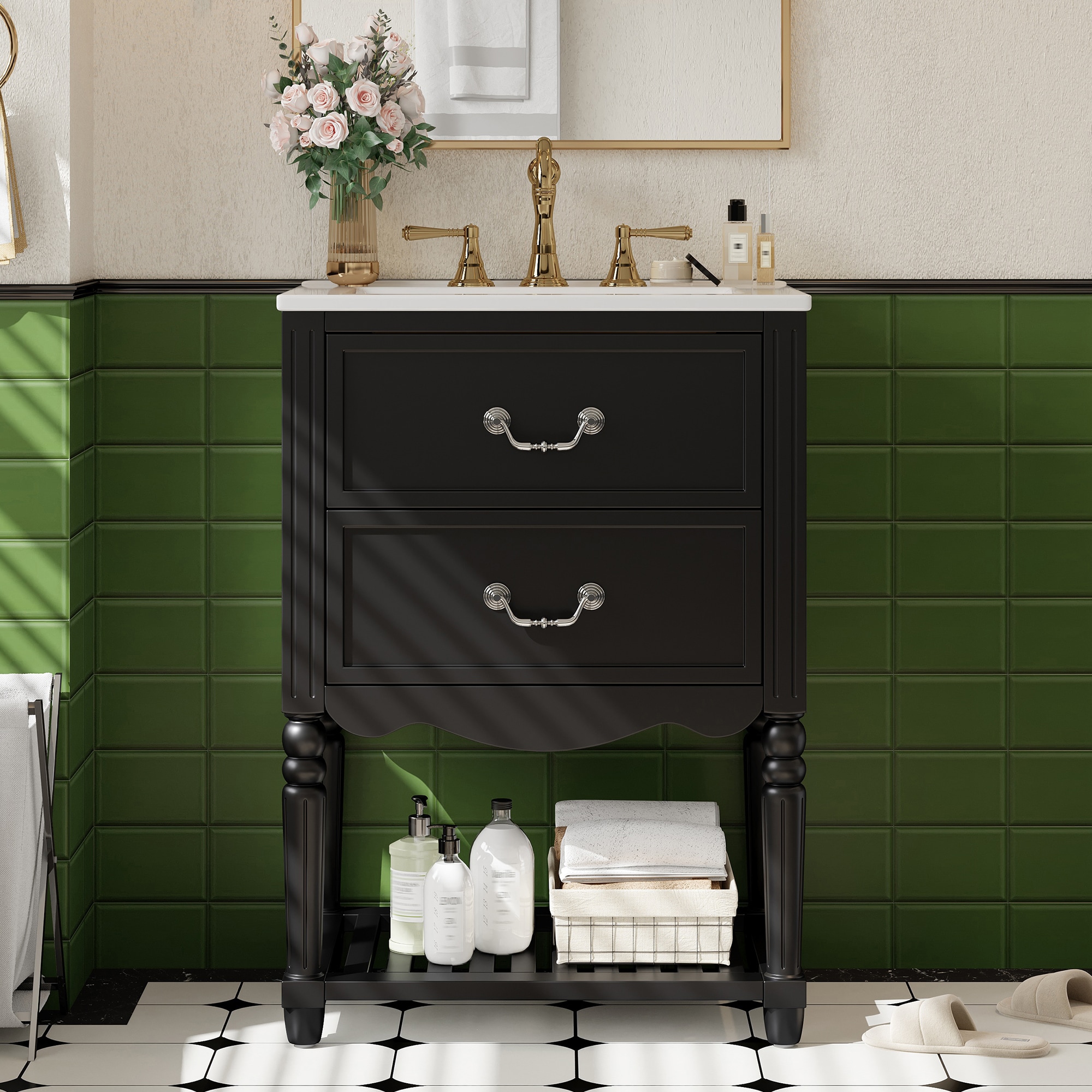 GDFStudio Bellefleur 24 in. Vintange Elegant Wave Design Freestanding Bathroom Vanity with Ceramic Sink Open Shelf and Soft-Close Drawers - Black