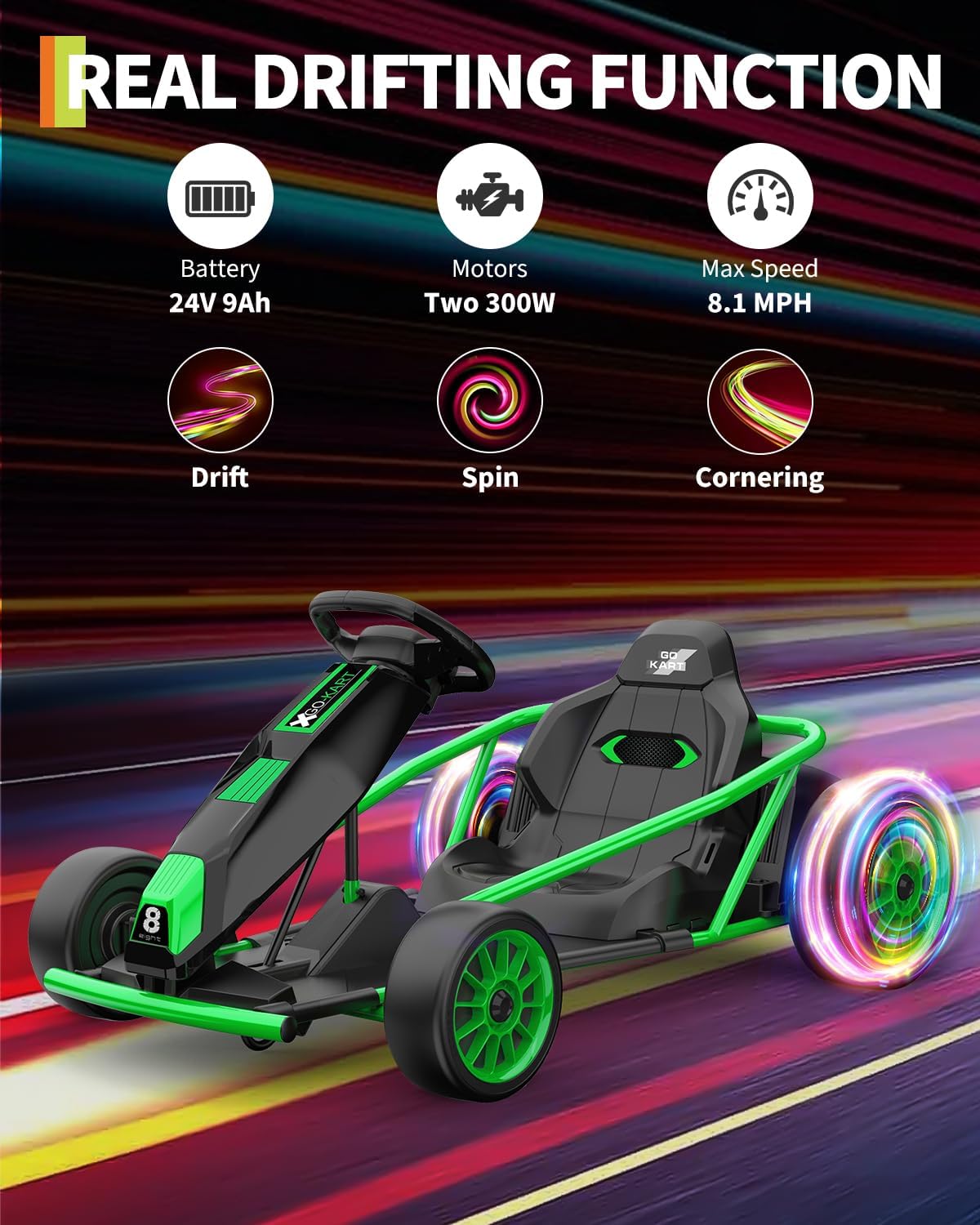 Garvee 24V Electric Drift Go Kart for Kids Ages 8 To 12/ Dual 300W