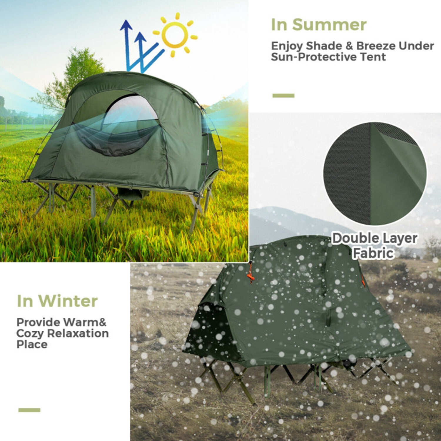 Green Four Season Dome Camping Tent with Elevated Cot