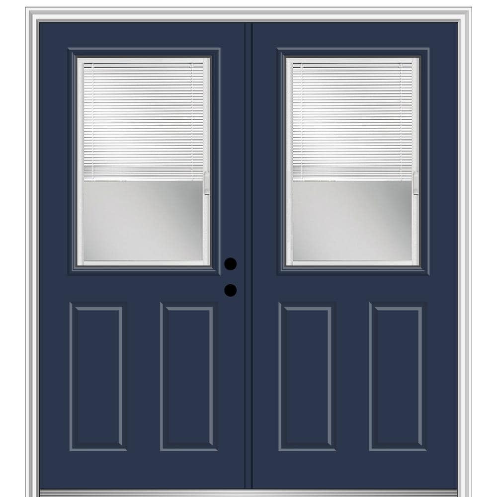 MMI DOOR ZZ10108L 60-in x 80-in x 4-9/16-in Fiberglass Half lite Left-hand inswing Naval Painted Prehung Double Front Door with Brickmould Insulating core with Blinds