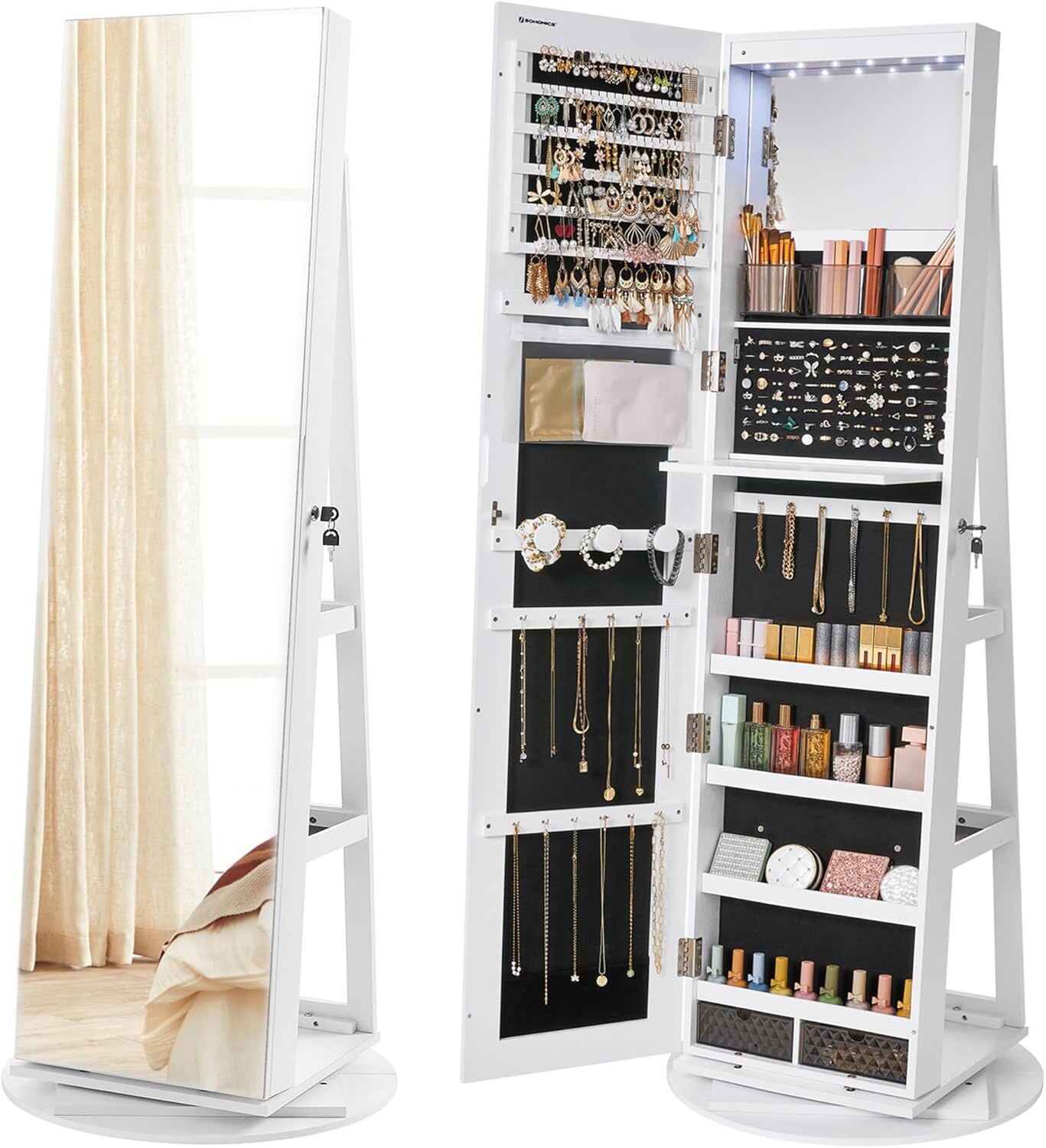 SONGMICS HOME JJC007W01 6 LEDs Lockable Mirror Jewelry Cabinet with Frameless Full-Length Mirror White Surface and Black Lining