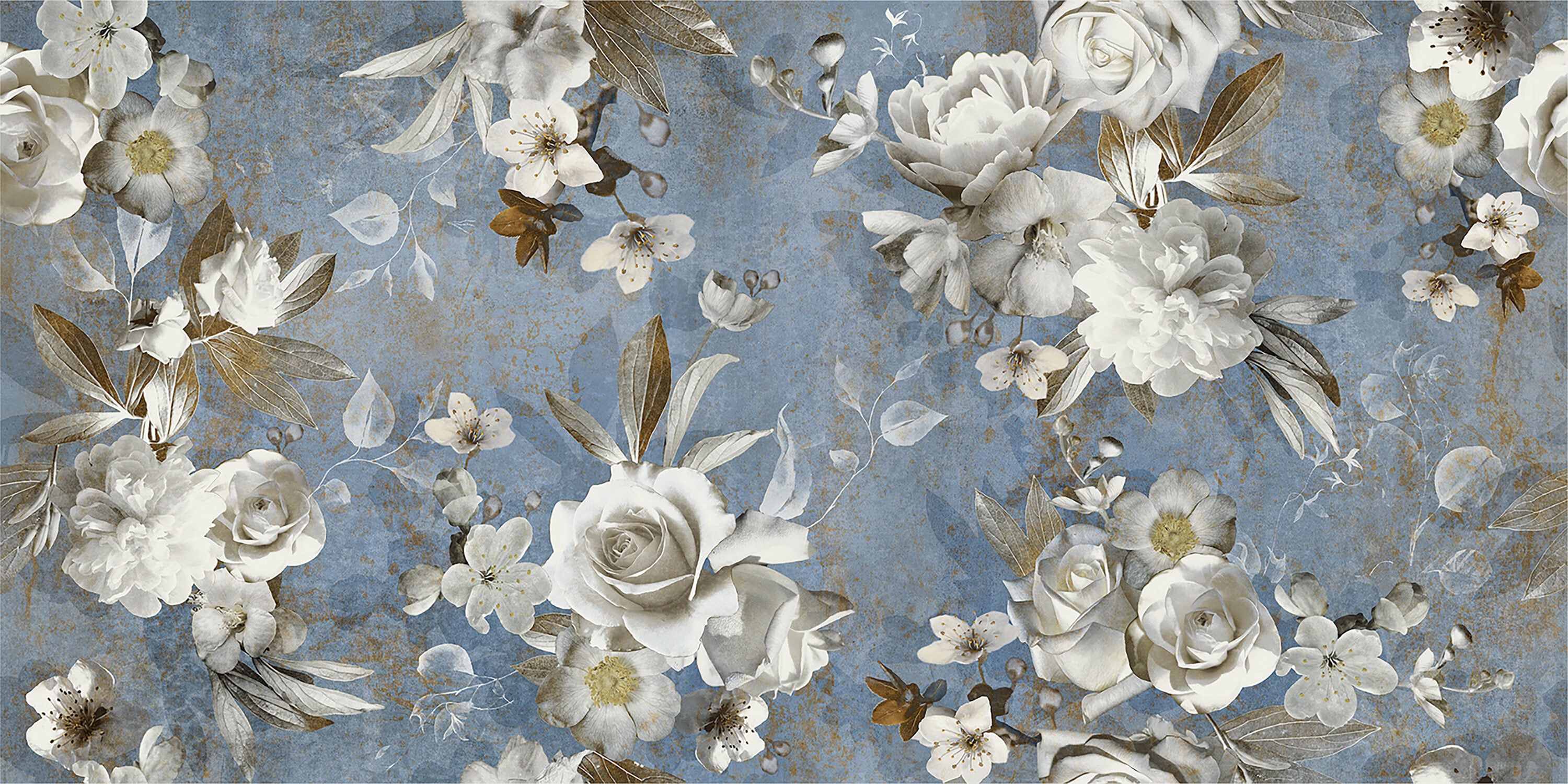 Parete Setoso Large Blue and White Glazed Porcelain Floral Tile