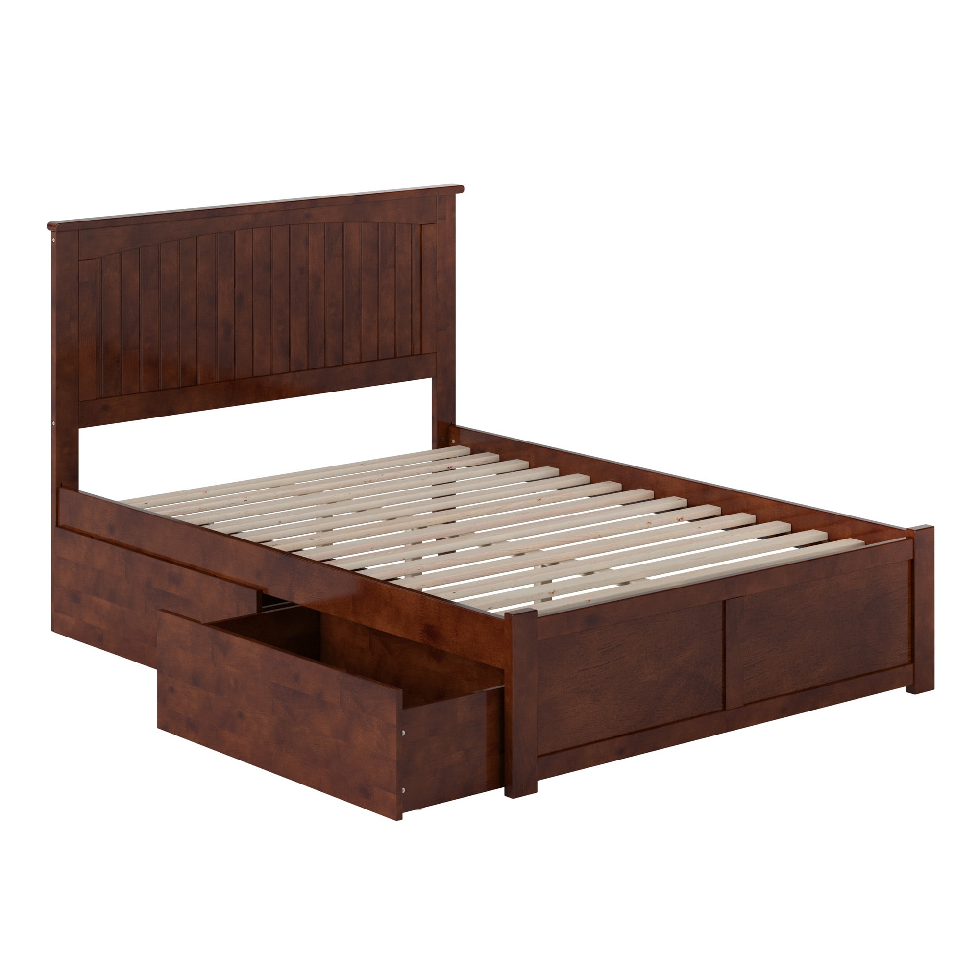 Full Walnut Wood Platform Bed Storage with Headboard