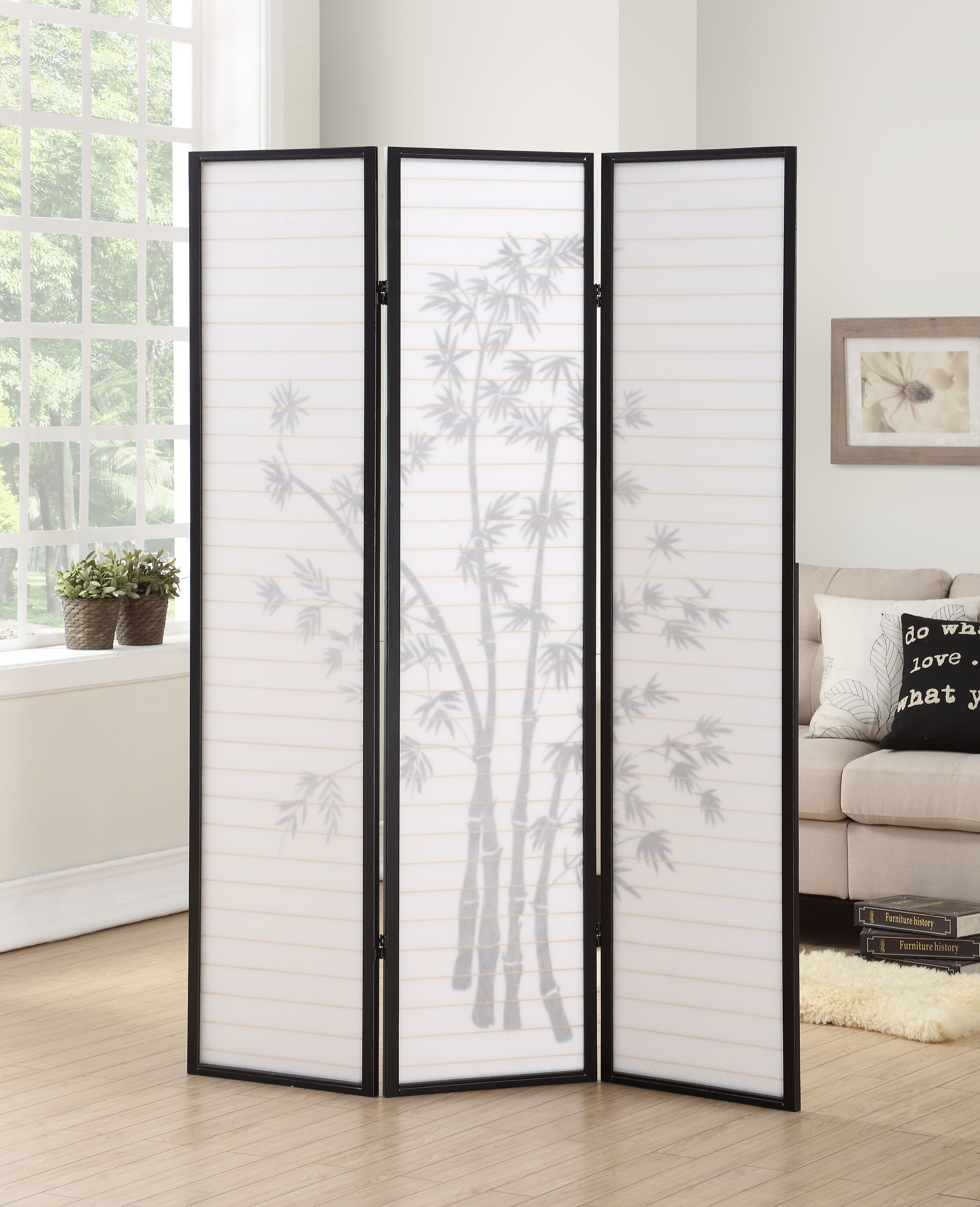 Black 3-Panel Shoji Room Divider with Bamboo Print
