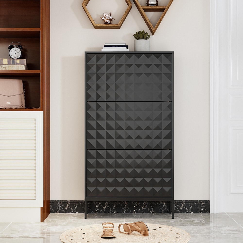 Homsee V-KF210338-01 Modern Black 3-Tier Flip Drawer Shoe Cabinet with Textured Front and Dual-Layer Racks Space Saving Entryway Organizer with Anti-Tip Safety